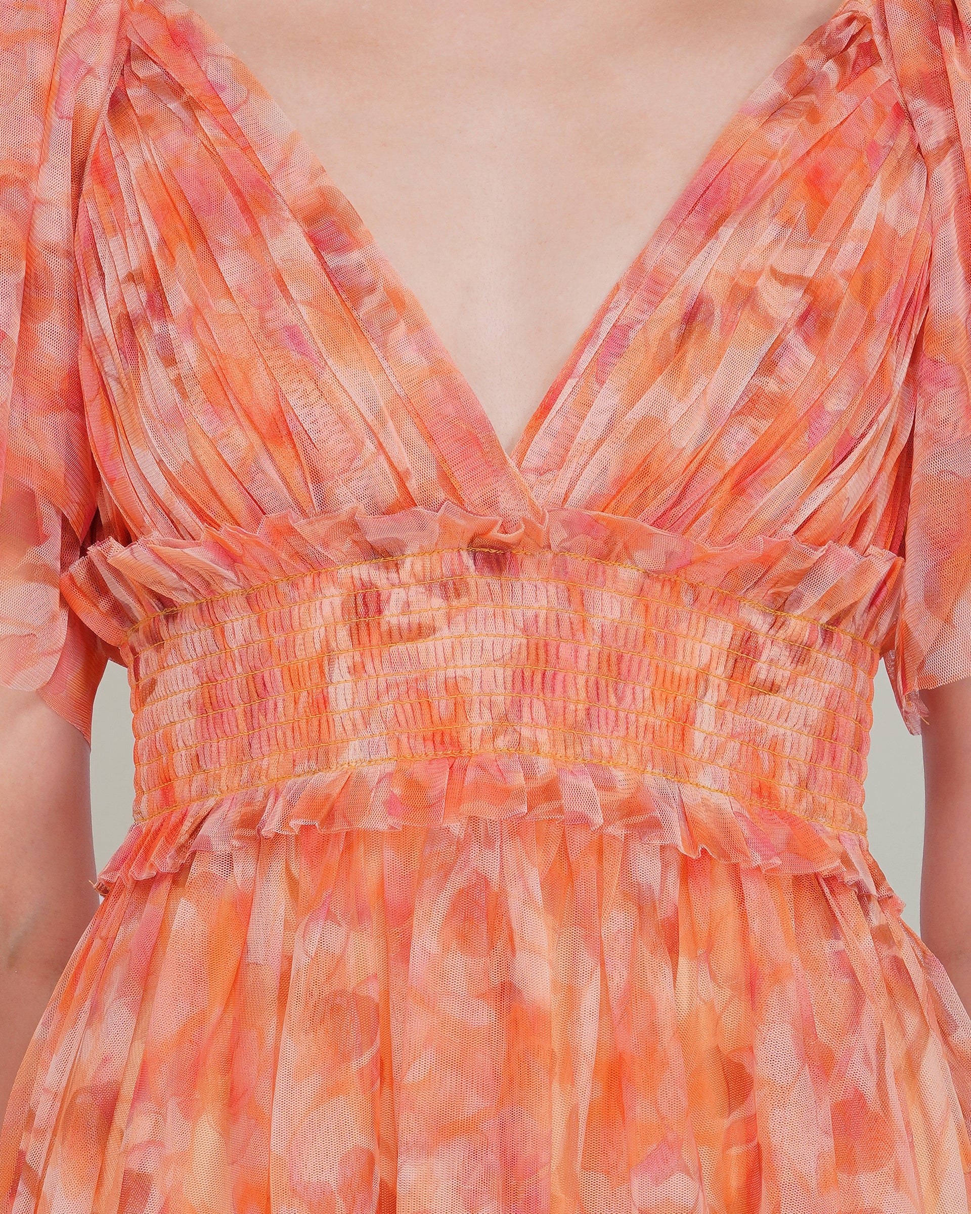 Shelby Tulle Mini Dress in Orange Camellia Print