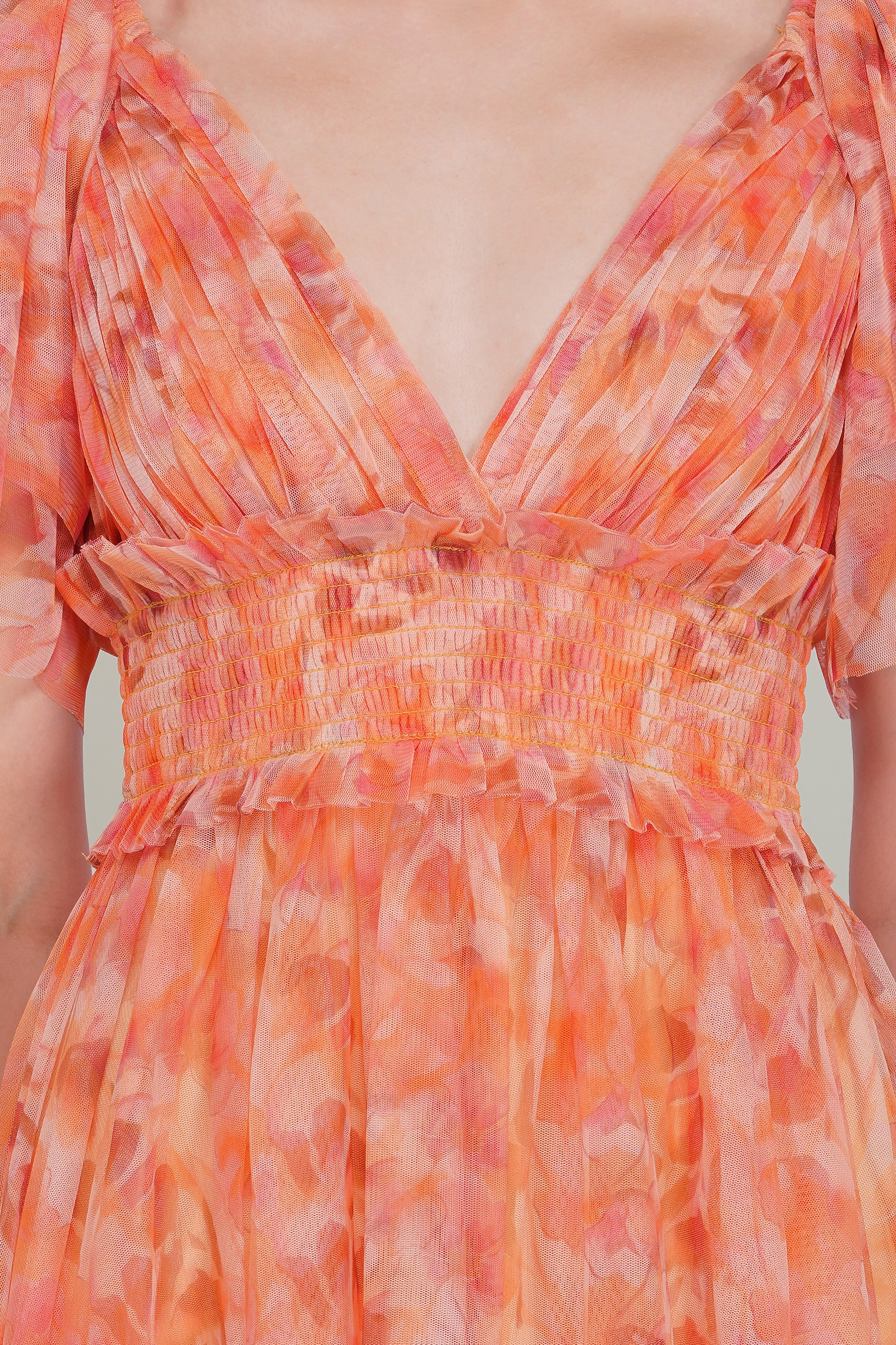 Shelby Tulle Mini Dress in Orange Camellia Print