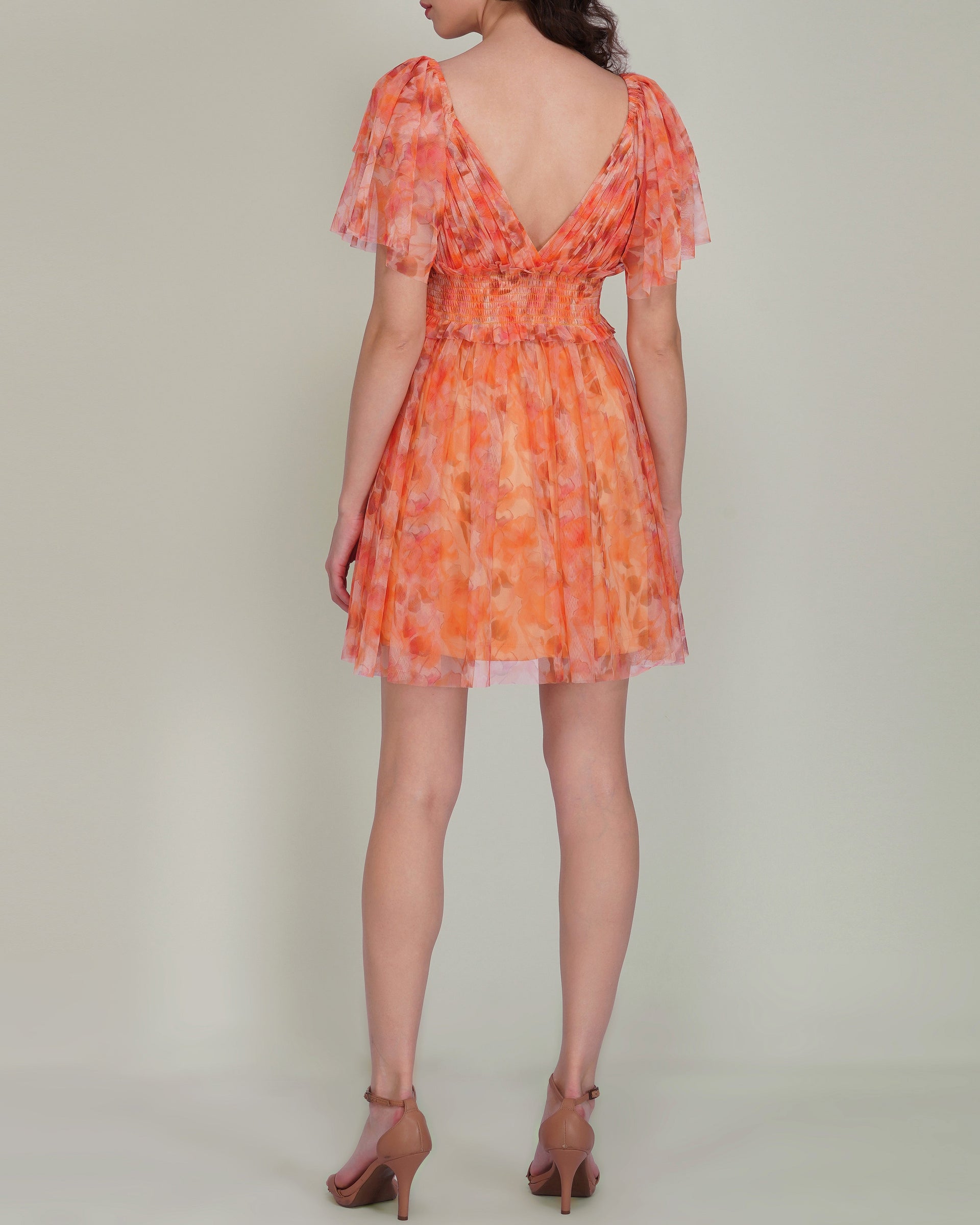 Shelby Tulle Mini Dress in Orange Camellia Print