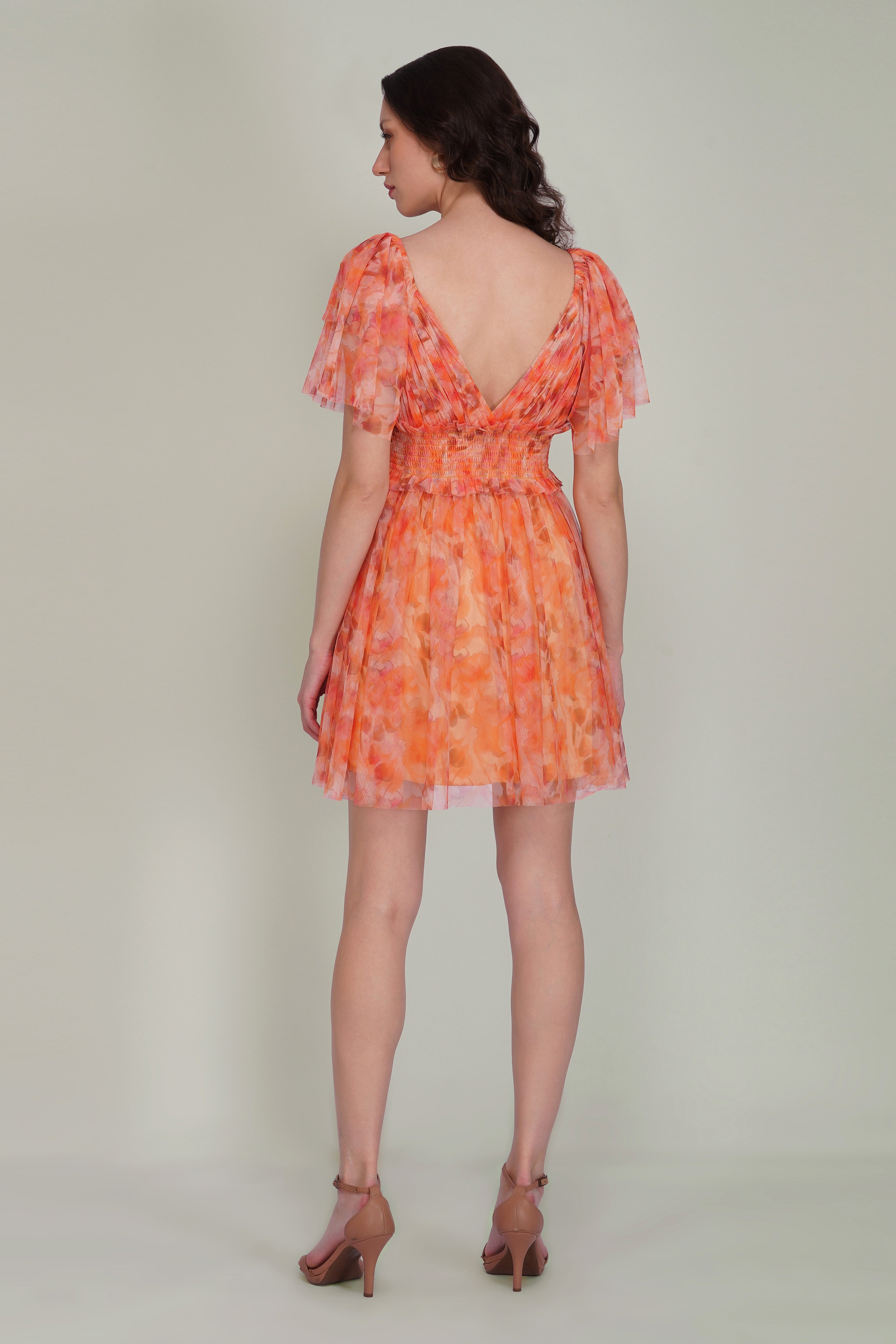 Shelby Tulle Mini Dress in Orange Camellia Print