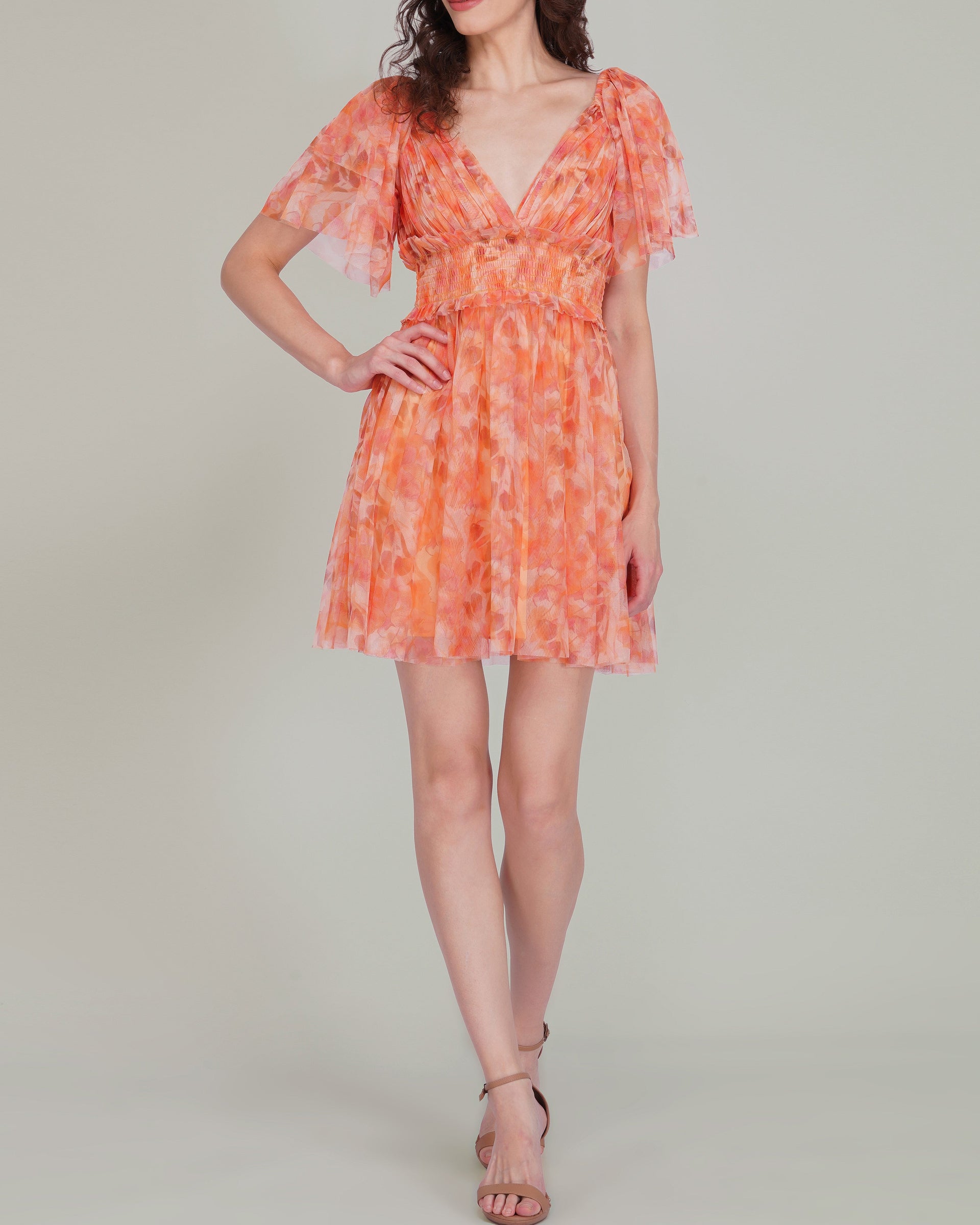 Shelby Tulle Mini Dress in Orange Camellia Print