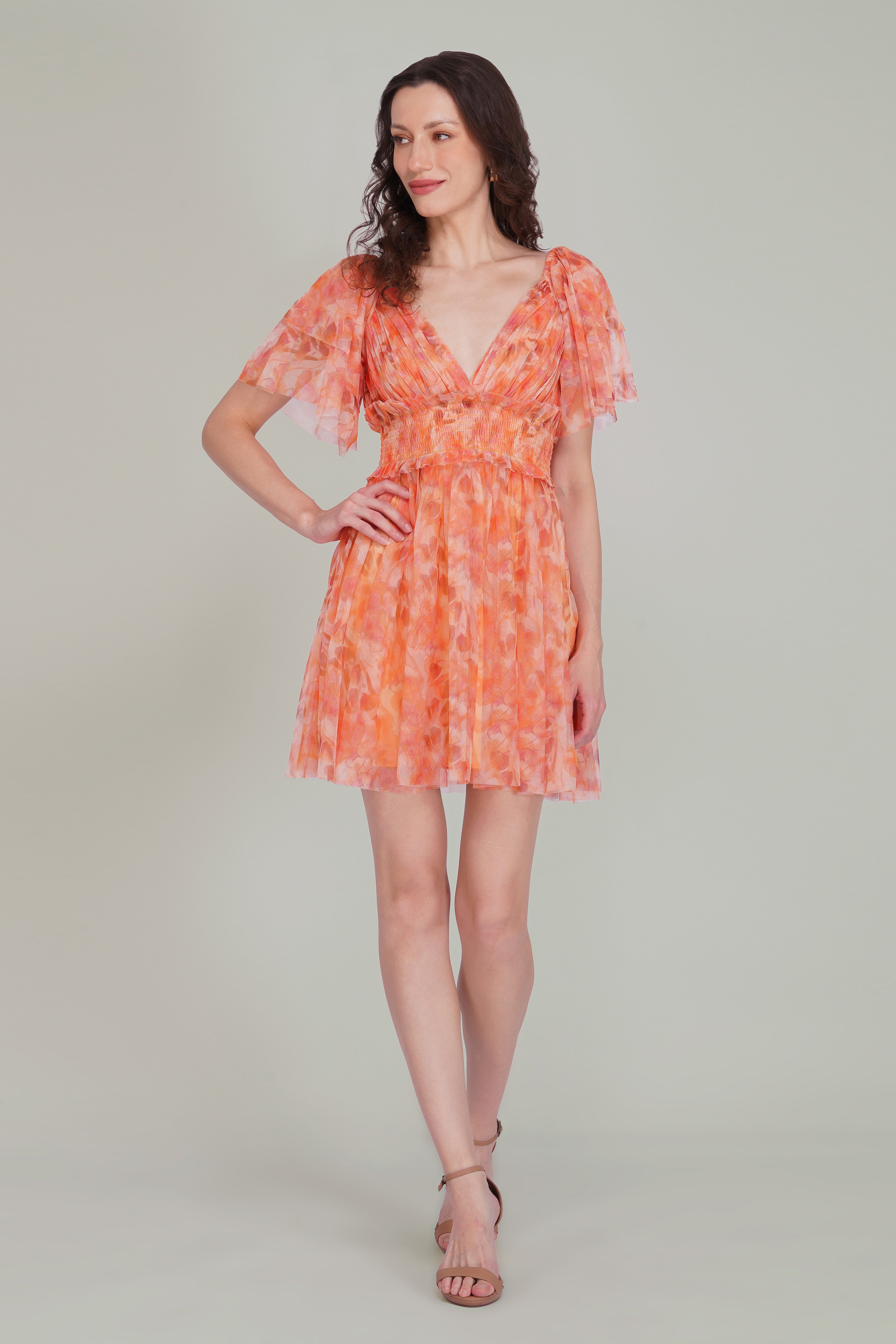 Shelby Tulle Mini Dress in Orange Camellia Print