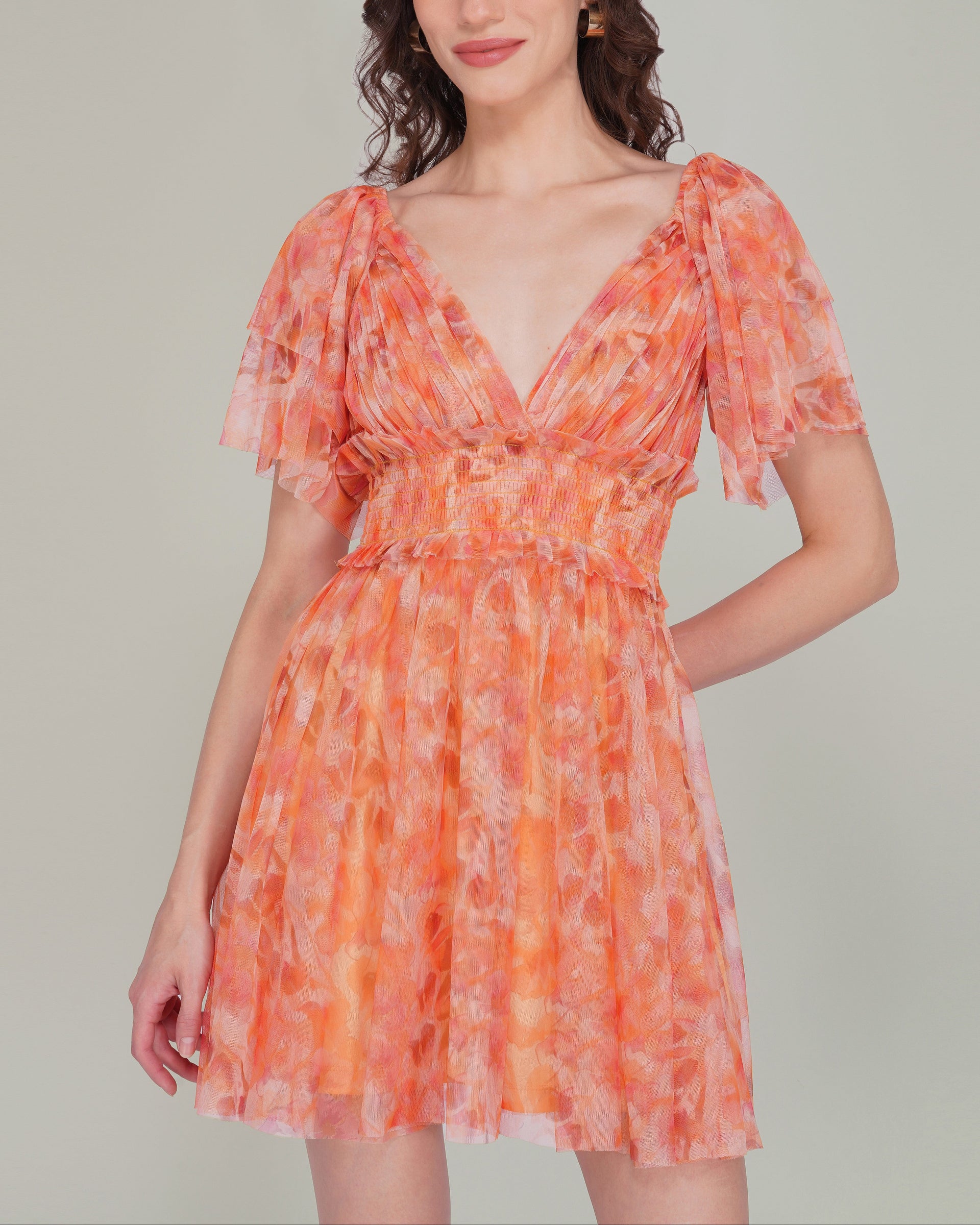 Shelby Tulle Mini Dress in Orange Camellia Print