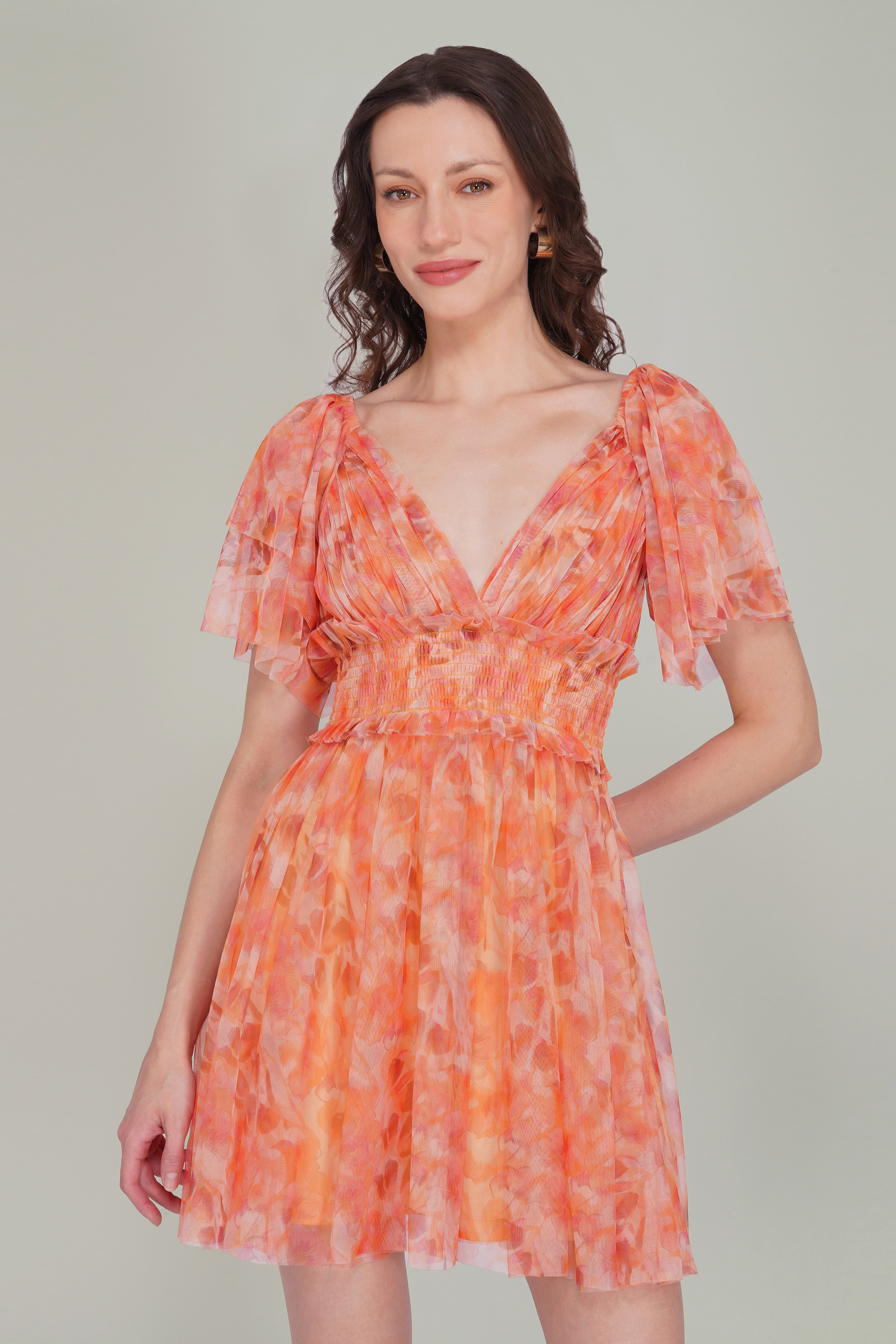 Shelby Tulle Mini Dress in Orange Camellia Print