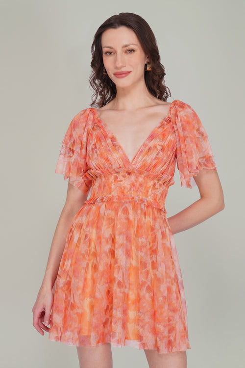 Shelby Tulle Mini Dress in Orange Camellia Print