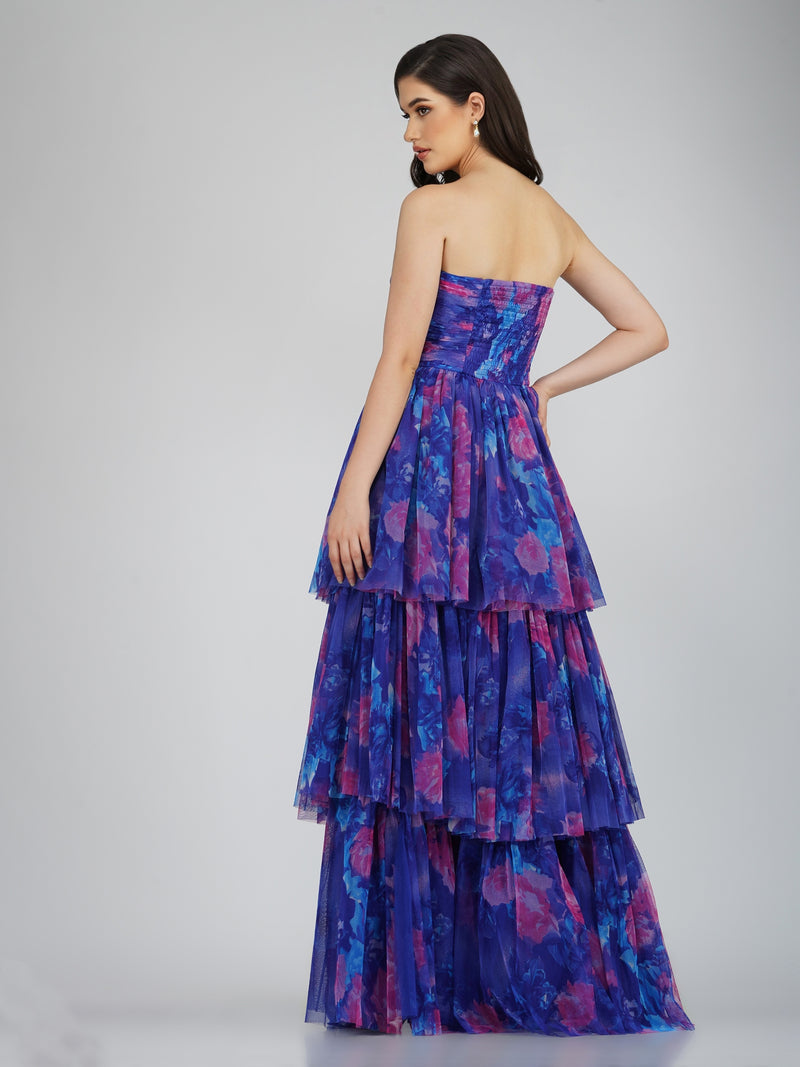 Shiloh High Low Tulle Dress in Blue Print