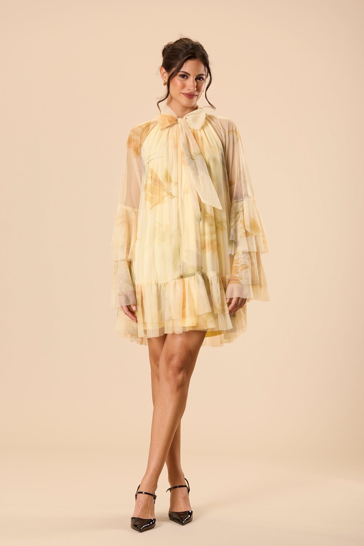 Spring Summer Floral Print Yellow Buttercup Bow Long Sleeve Bell Sleeve Mini Dress