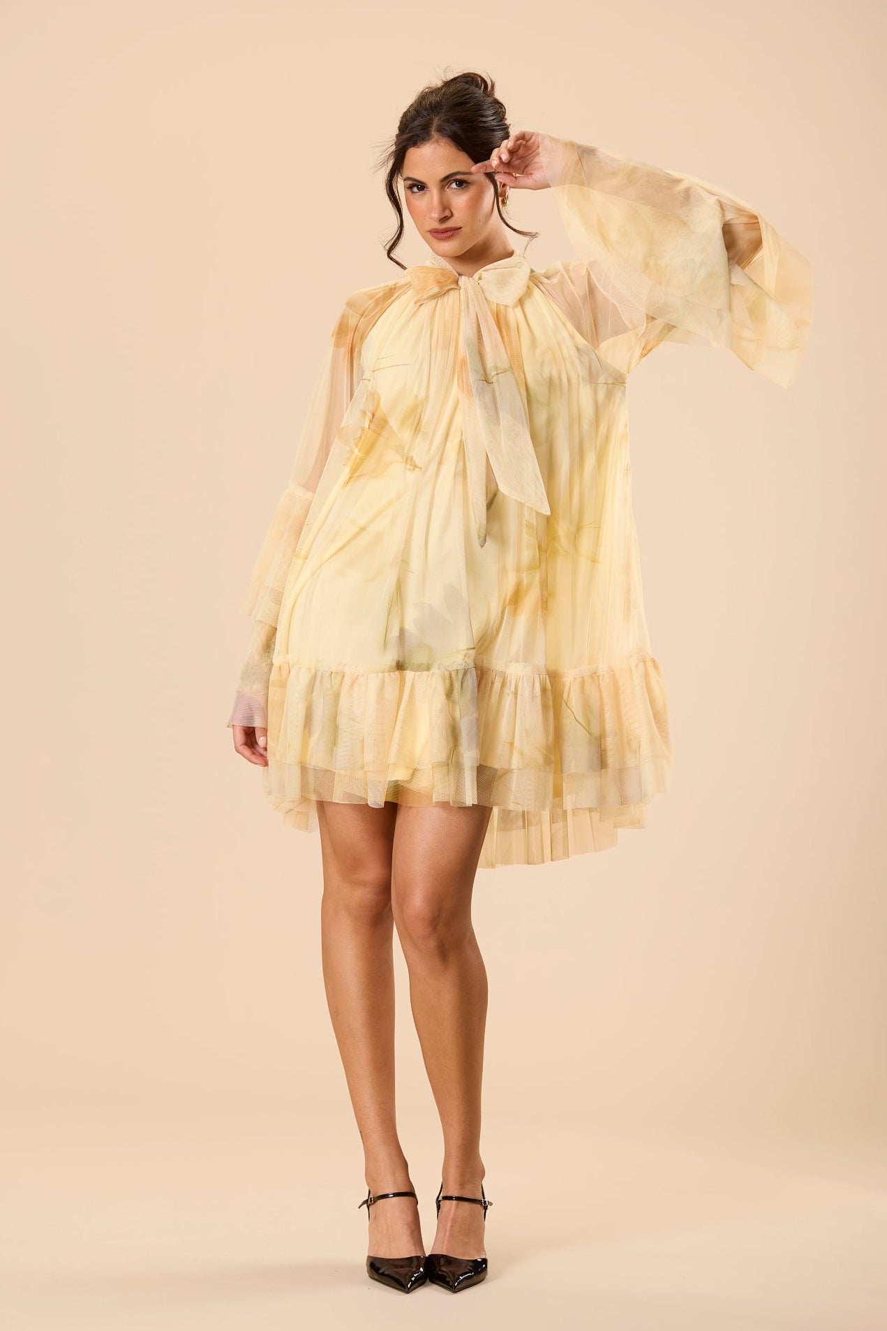 Sienna Tulle Mini Dress in Golden Petal Print