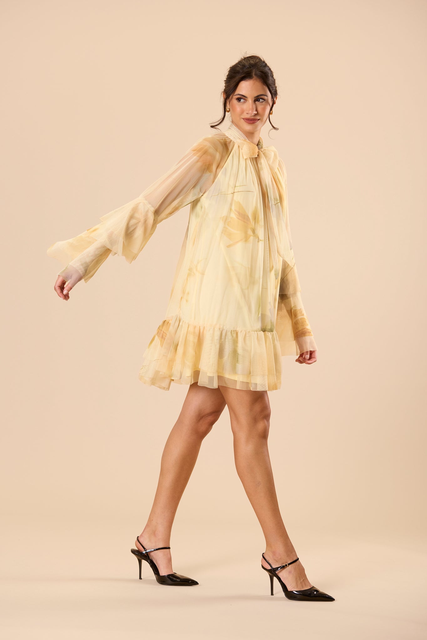 Sienna Tulle Mini Dress in Golden Petal Print