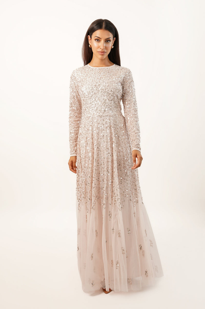 Sila Long Sleeve Embellished Maxi Dress in Powder Pink