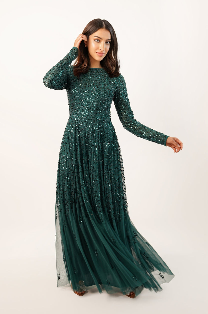 Sila Long Sleeve Embellished Maxi Dress in Emerald Green – Lace & Beads