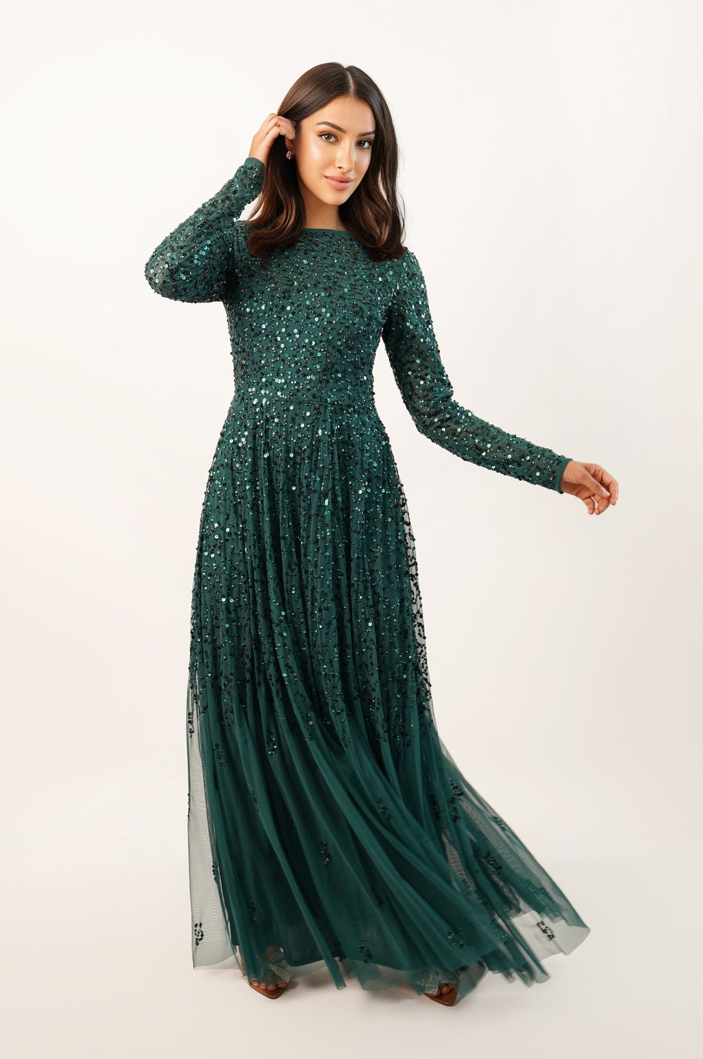 Emerald green long sleeve dress deals