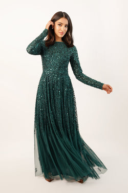 Sila Long Sleeve Embellished Maxi Dress in Emerald Green