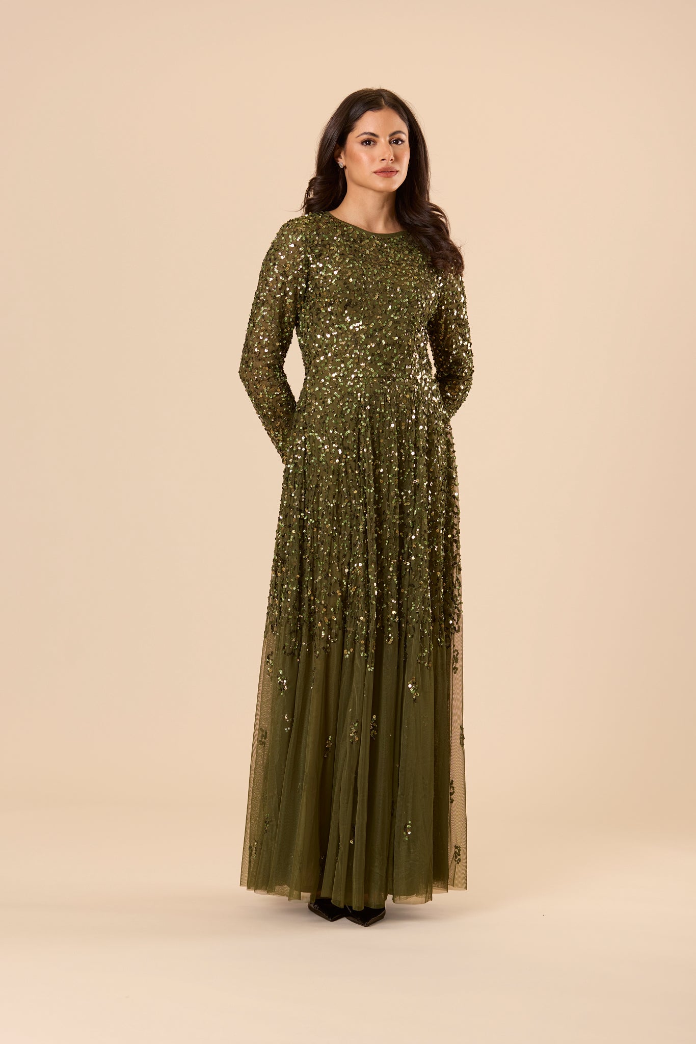 Sila Long Sleeve Embellished Maxi Dress in Deep Olive Green
