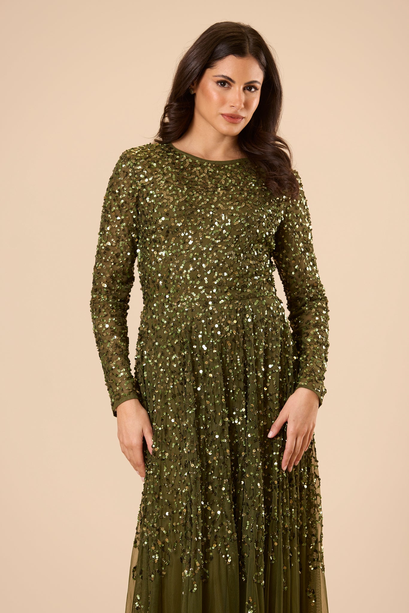 Sila Long Sleeve Embellished Maxi Dress in Deep Olive Green