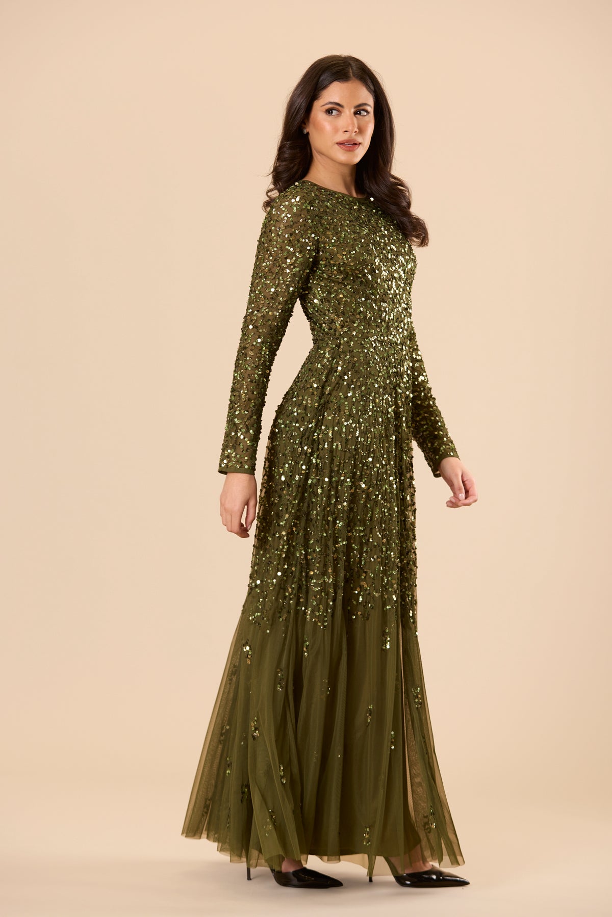 Sila Long Sleeve Embellished Maxi Dress in Deep Olive Green