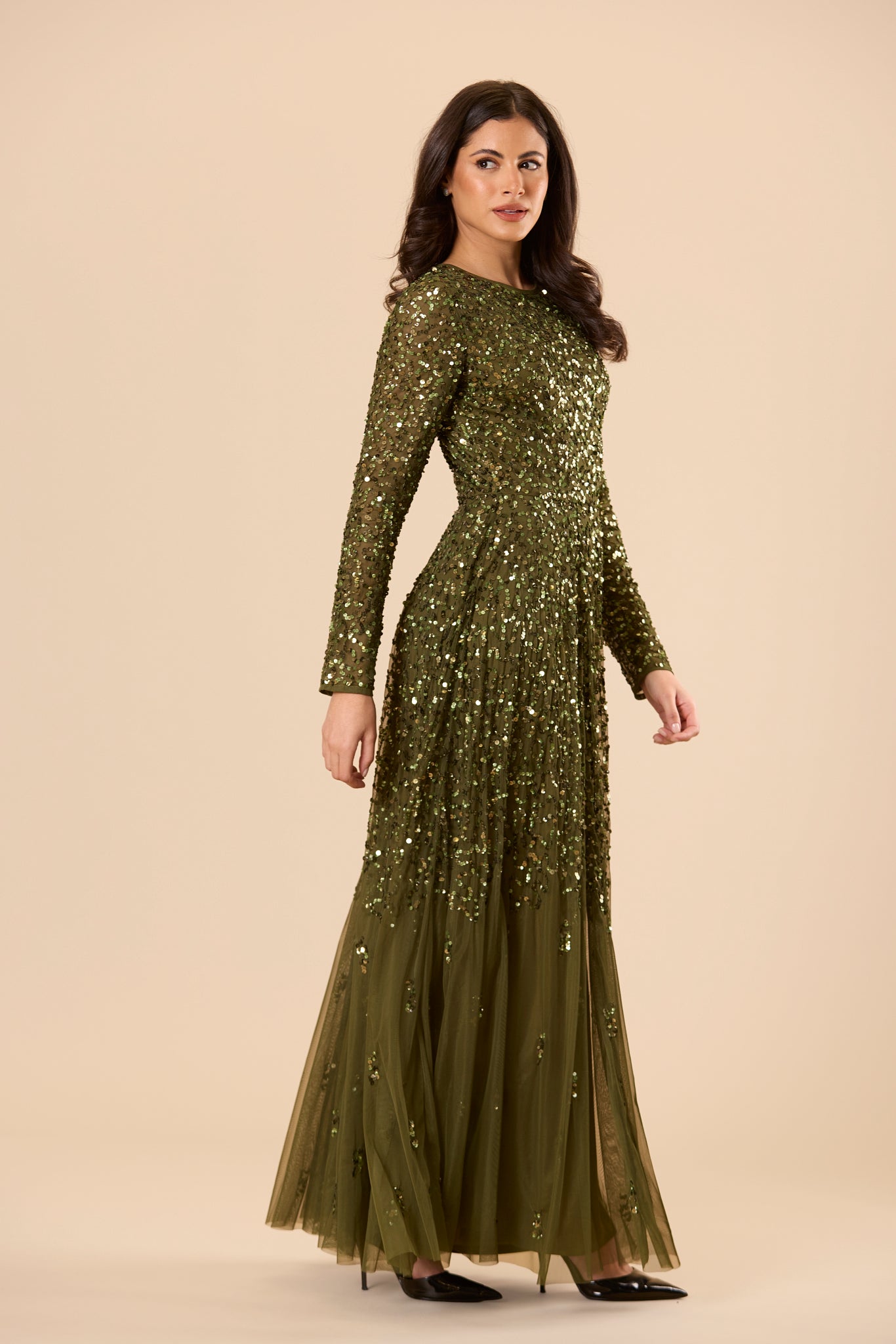 Sila Long Sleeve Embellished Maxi Dress in Deep Olive Green