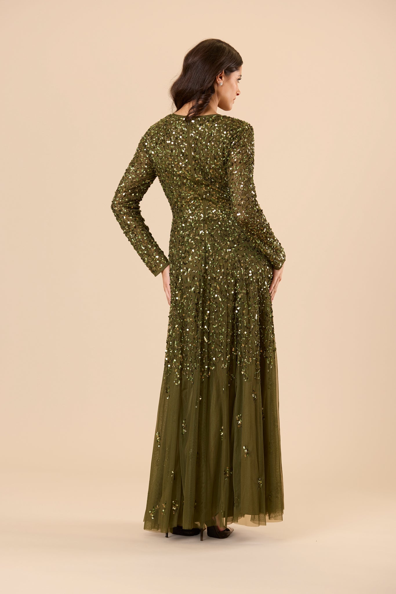 Sila Long Sleeve Embellished Maxi Dress in Deep Olive Green