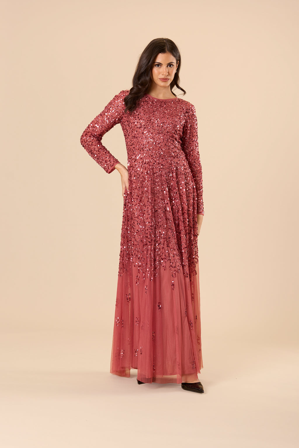 auburn maxi dress Sila Long Sleeve Embellished Maxi Dress in Auburn UK16 / Auburn