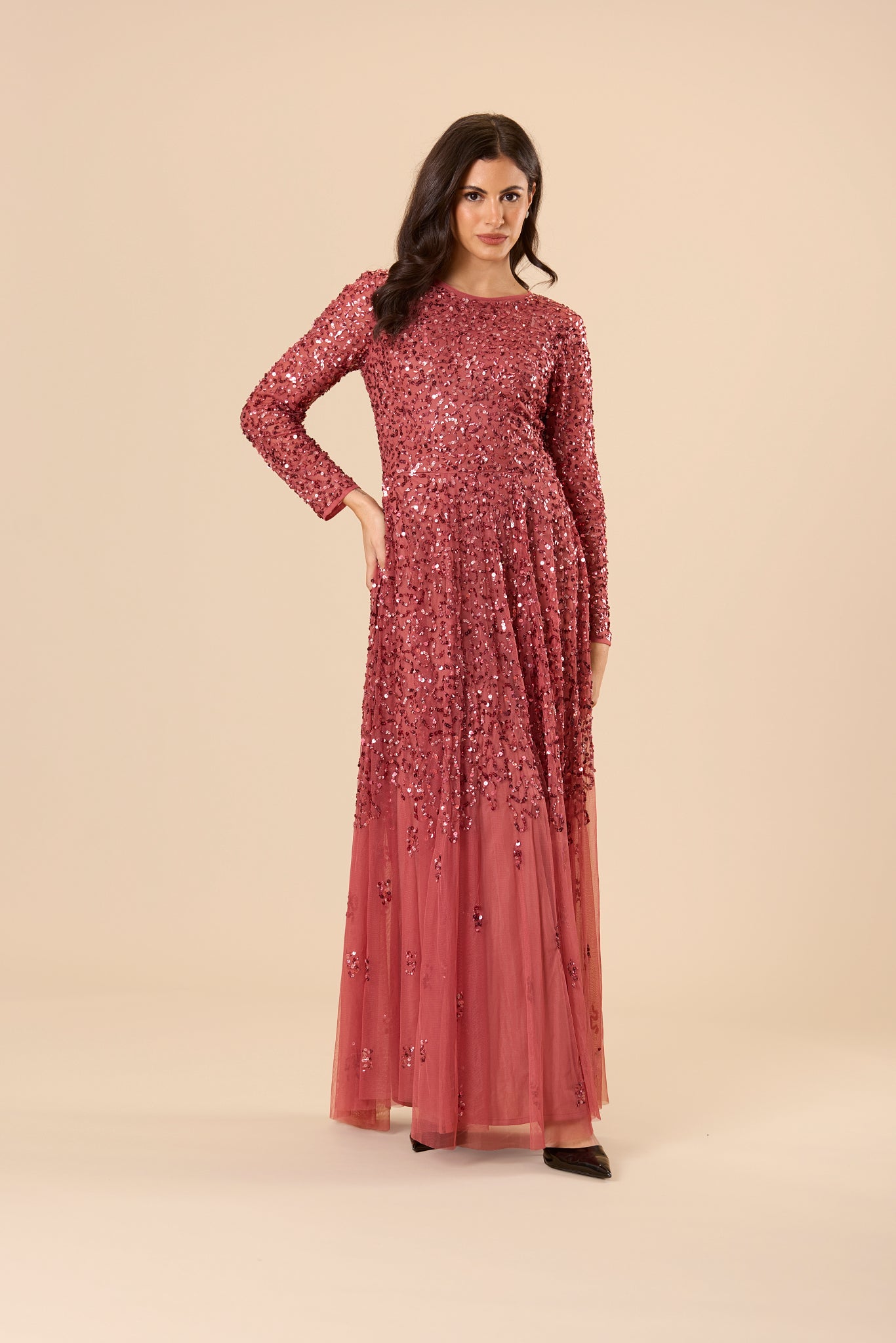 Sila Long Sleeve Embellished Maxi Dress in Auburn