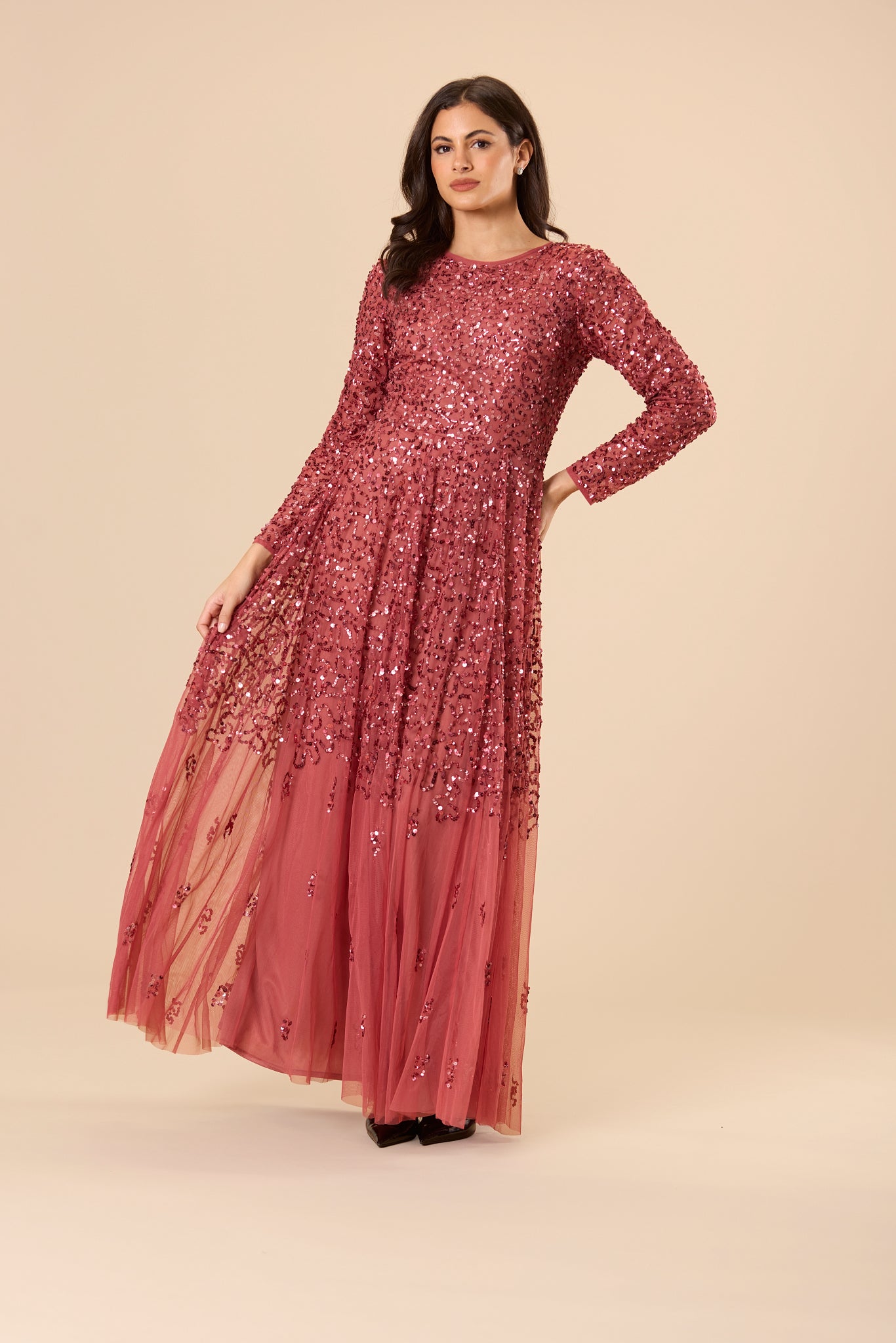 Sila Long Sleeve Embellished Maxi Dress in Auburn