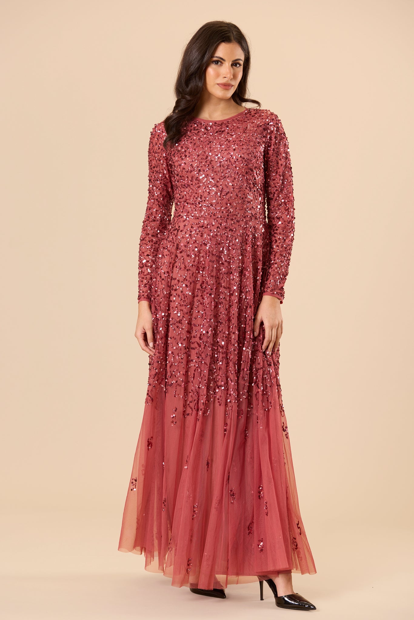 Auburn raspberry light red sequin embellished modest long sleeve formal black tie maxi dress