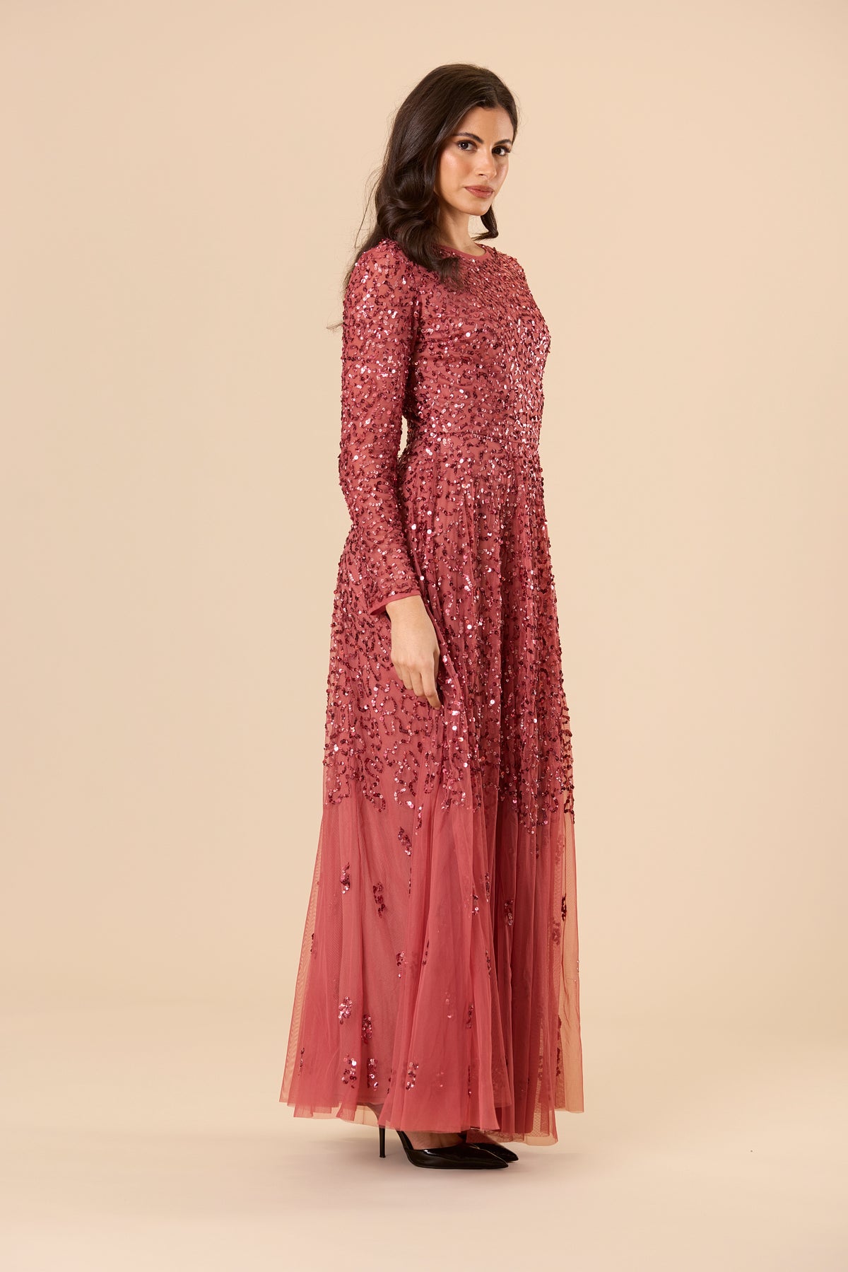 Sila Long Sleeve Embellished Maxi Dress in Auburn