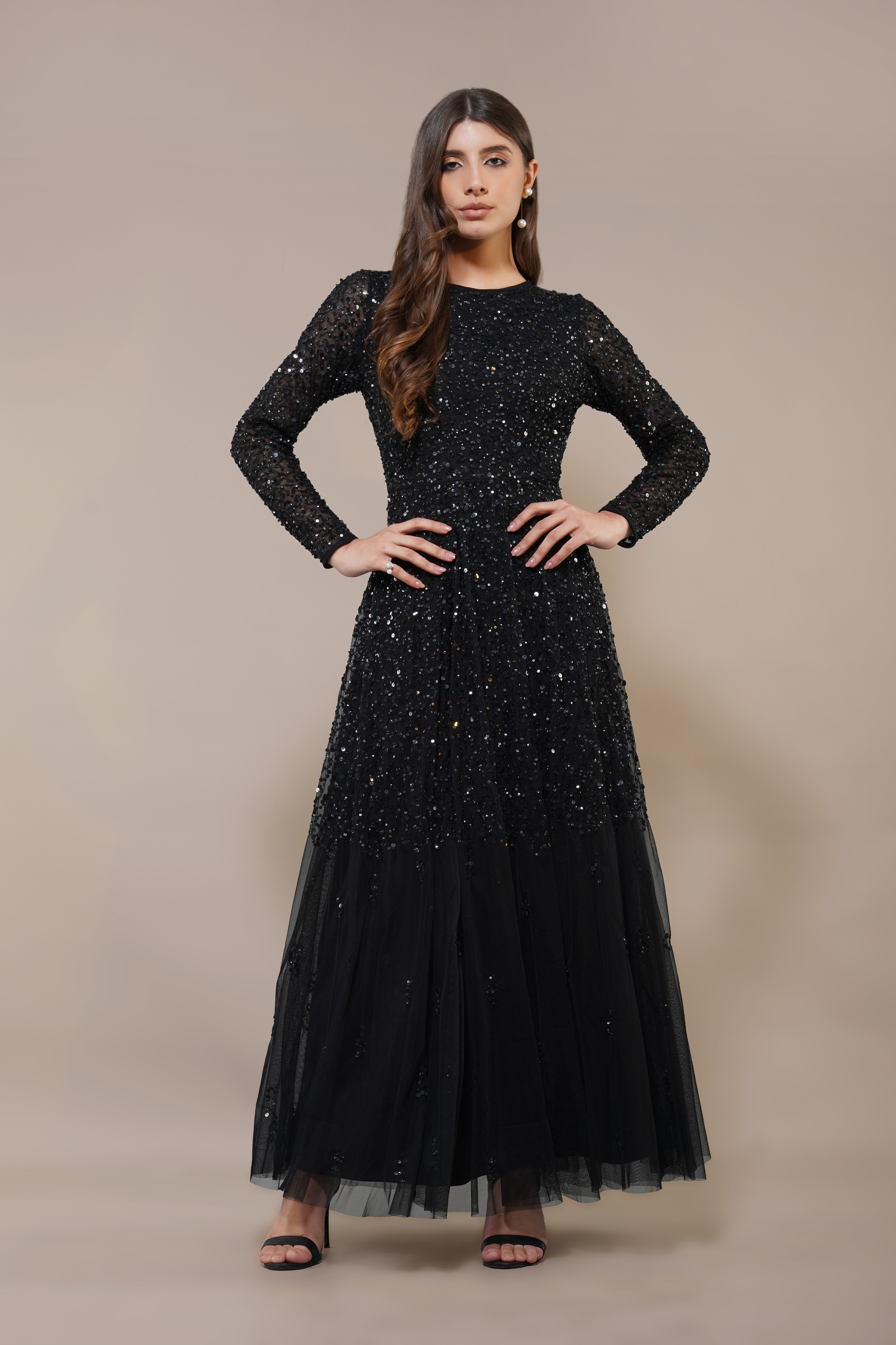 Sila Long Sleeve Embellished Maxi Dress in Black Lace & Beads Sila Long Sleeve Embellished Maxi Dress in Black Lace & Beads