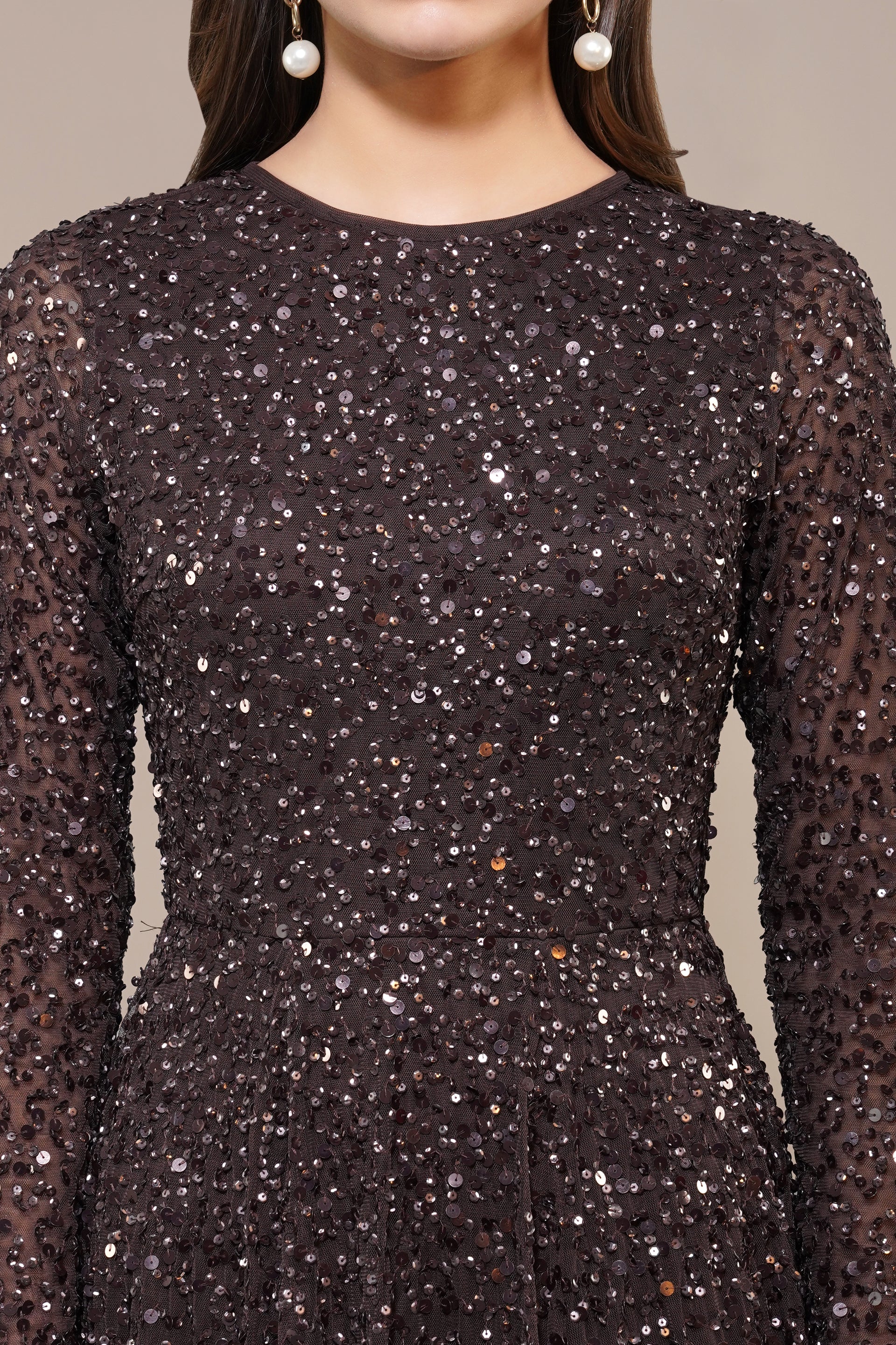 Sila Long Sleeve Embellished Maxi Dress in Coffee Brown
