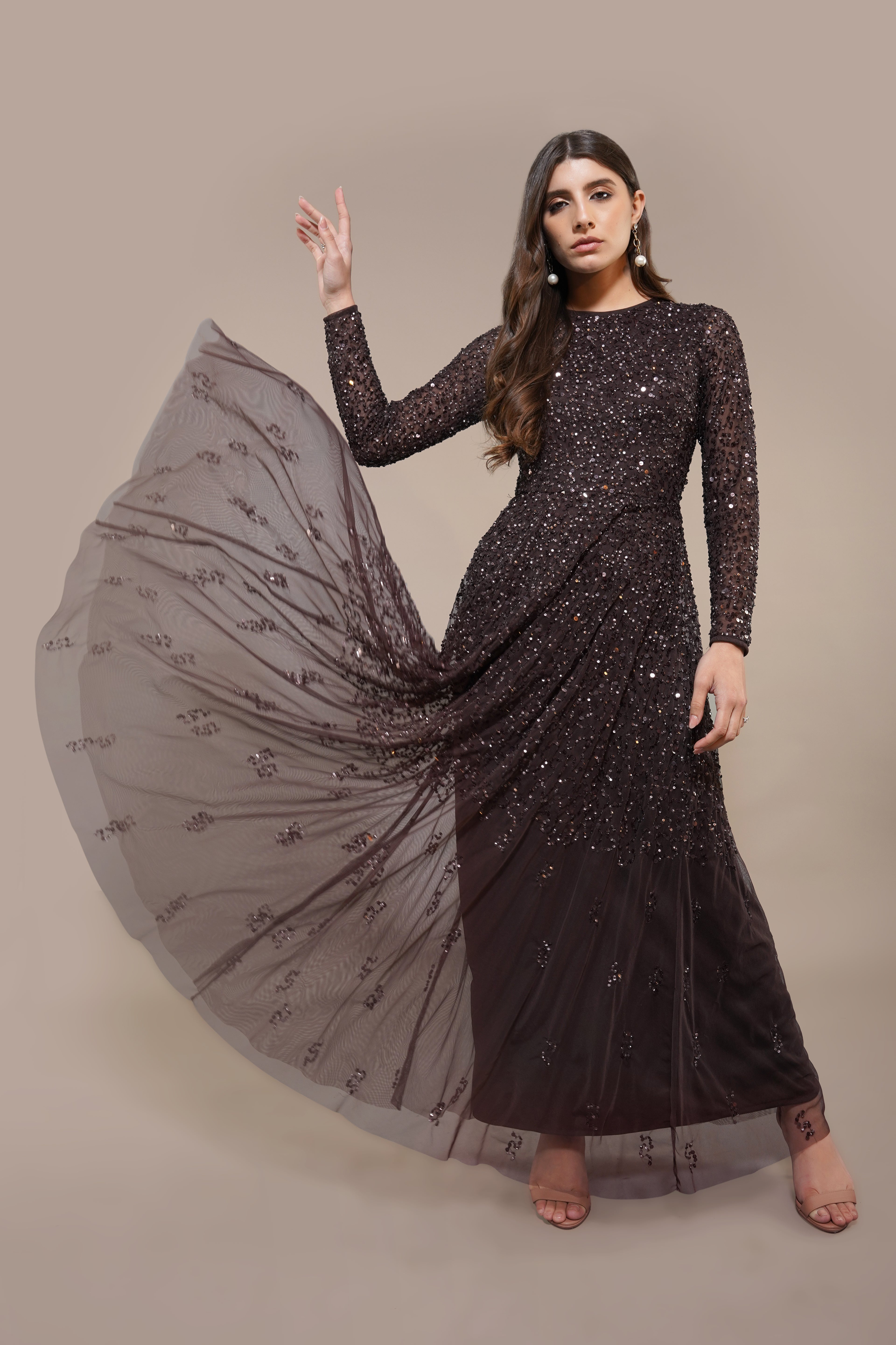 Sila Long Sleeve Embellished Maxi Dress in Coffee Brown