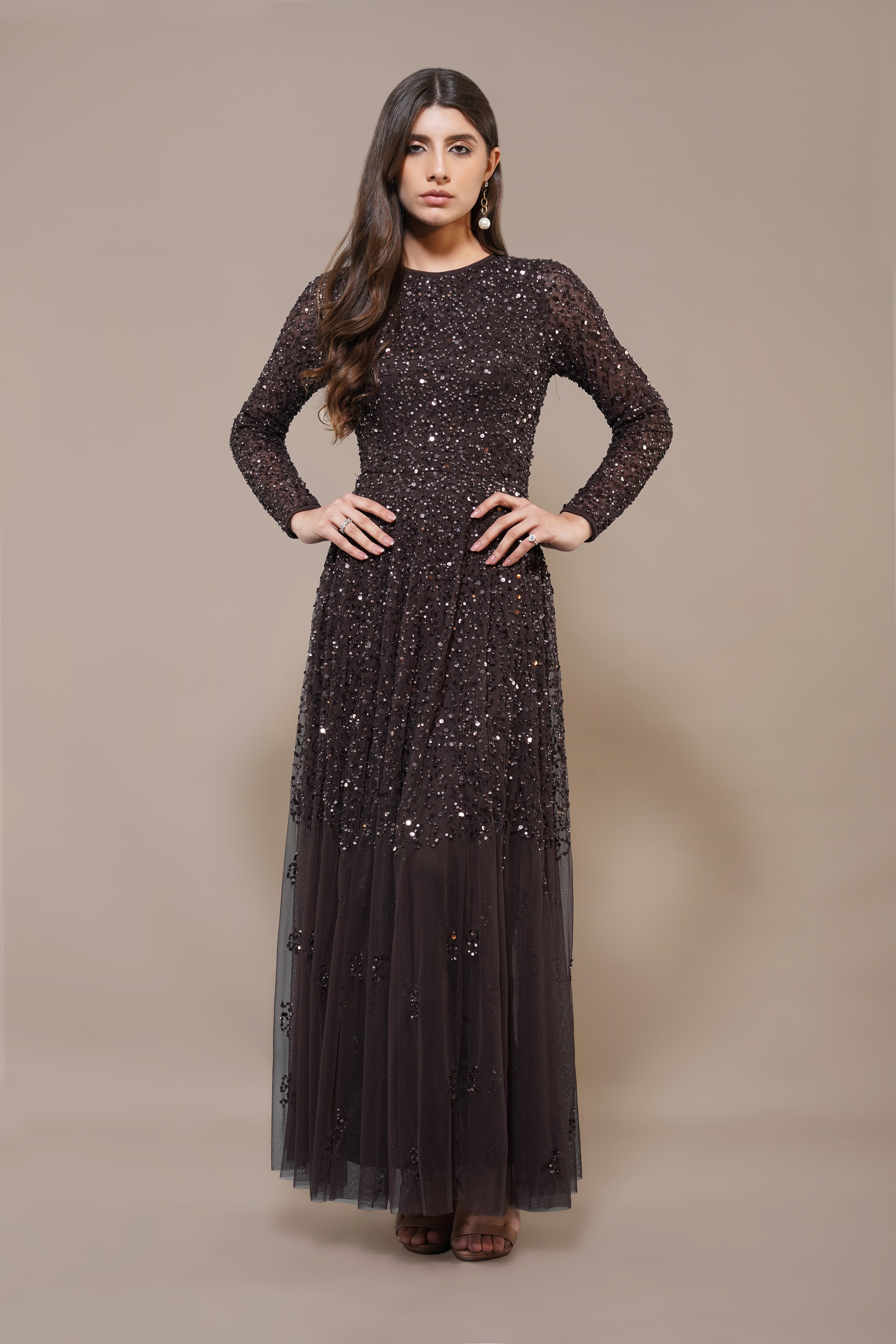 Sila Long Sleeve Embellished Maxi Dress in Coffee Brown Lace & Beads Sila Long Sleeve Embellished Maxi Dress in Coffee Brown Lace & Beads