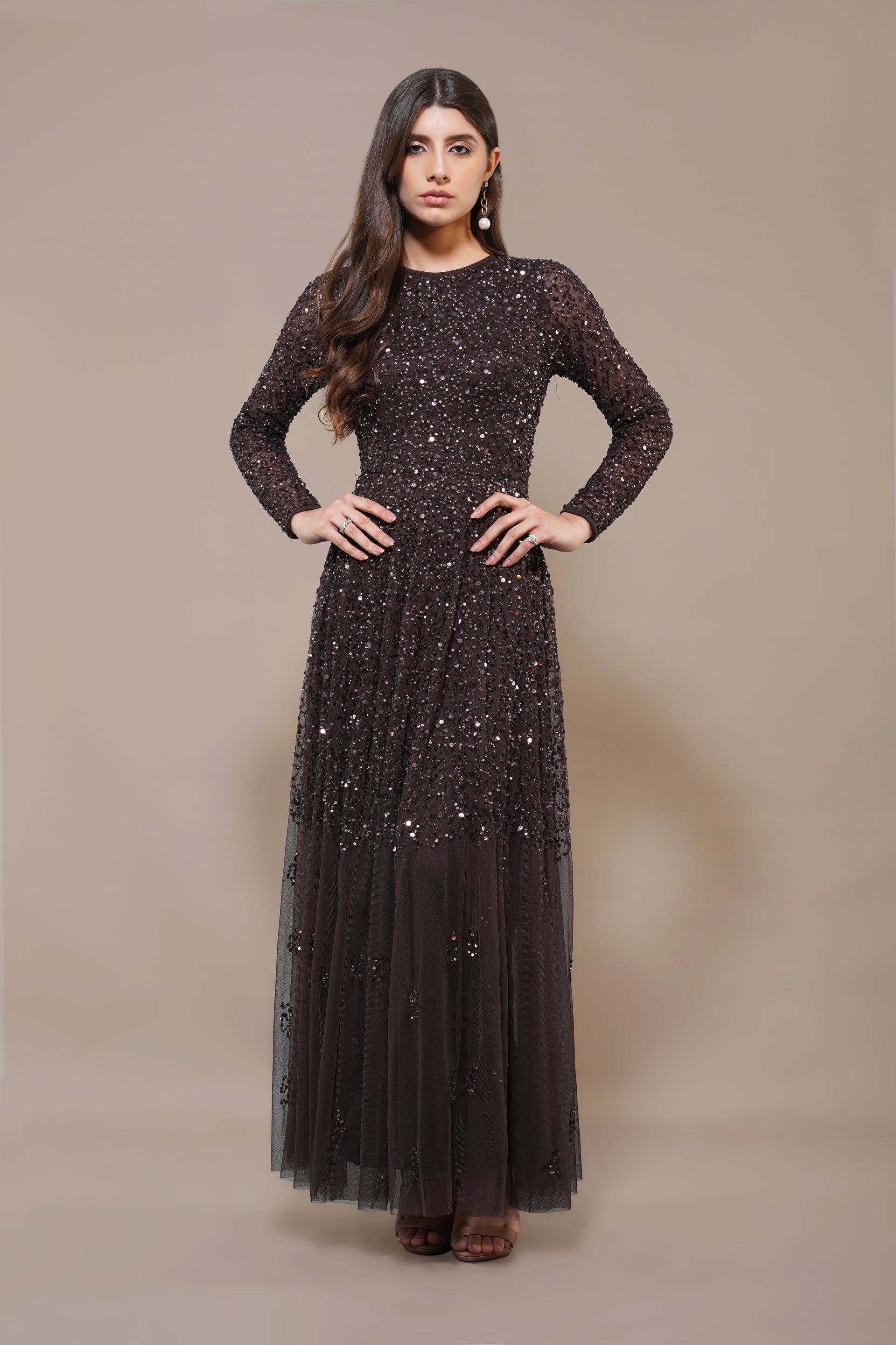Sila Long Sleeve Embellished Maxi Dress in Coffee Brown