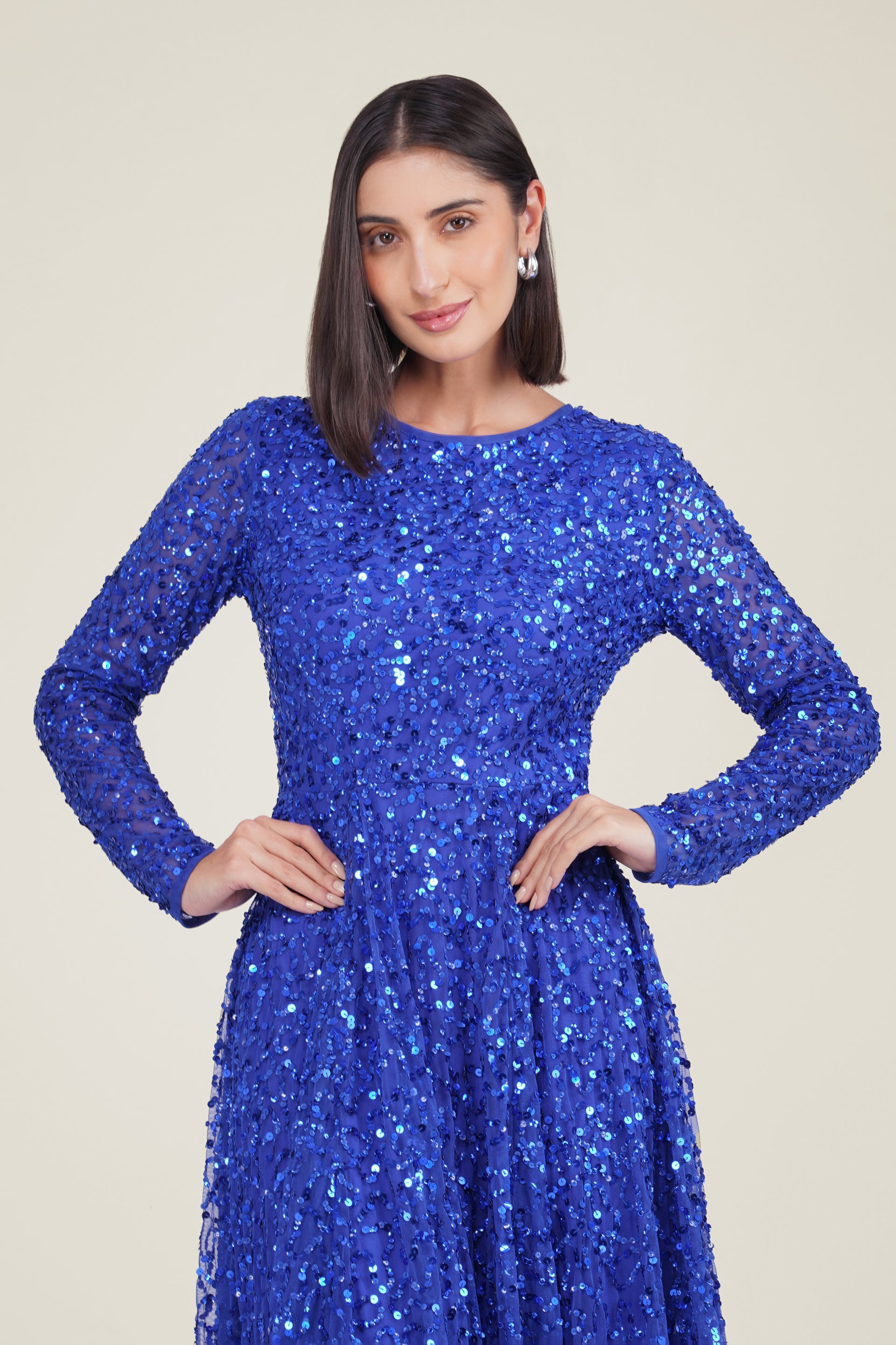 Sila Long Sleeve Embellished Maxi Dress in Royal Blue