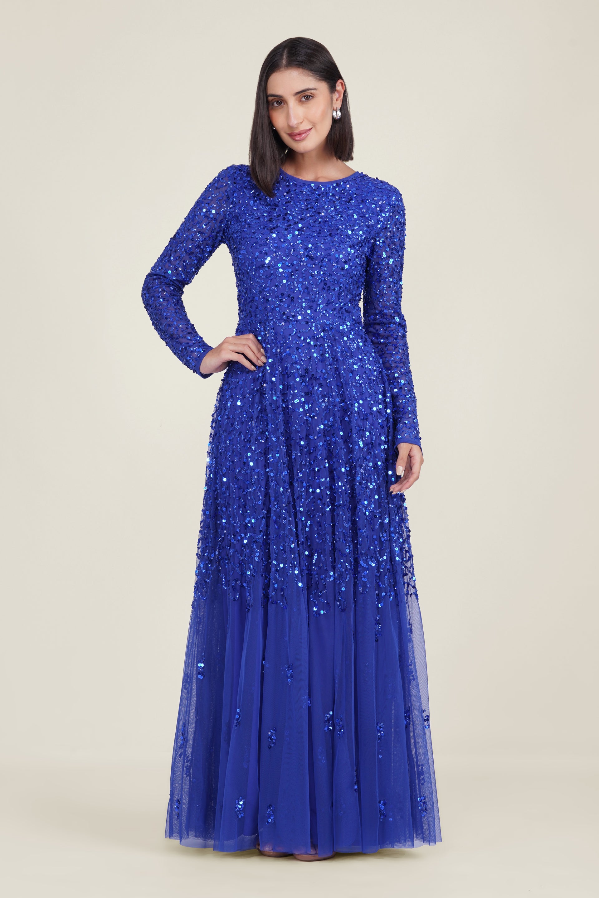 Royal Blue Embellished Maxi Dress Modest Long Sleeve Formal