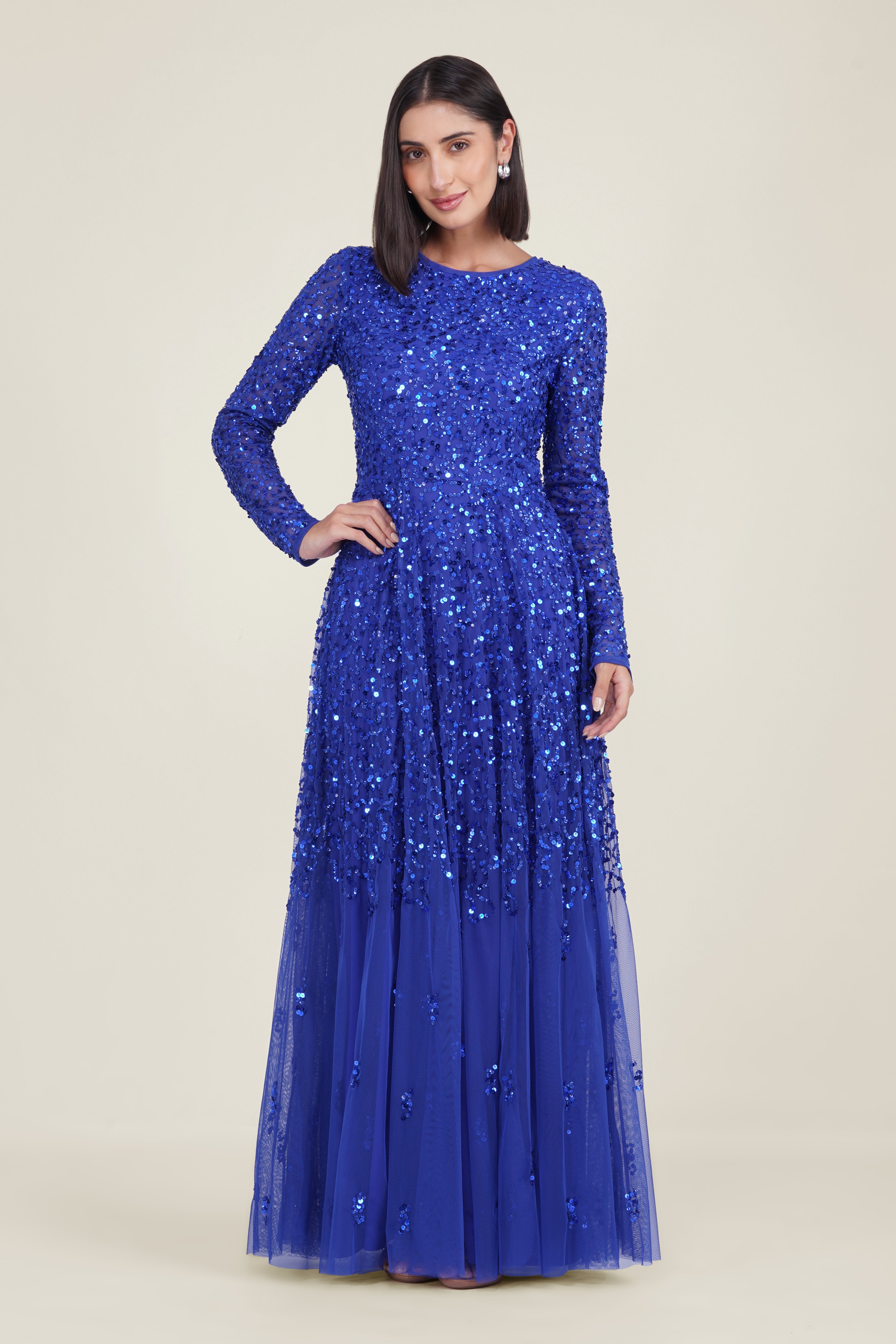 Royal Blue Embellished Maxi Dress Modest Long Sleeve Formal