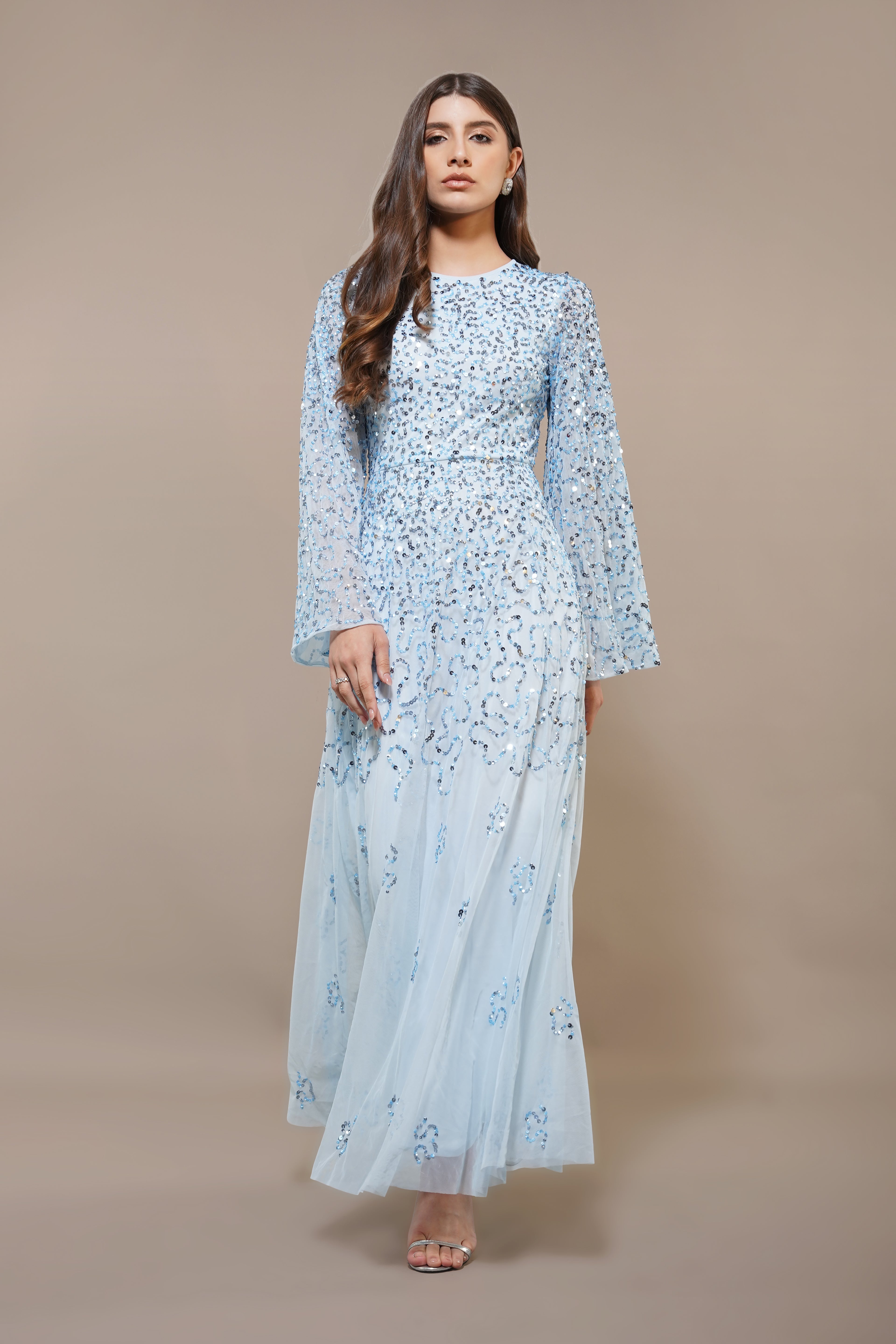 embellished long sleeve maxi dress in blue Ines Modest Embellished Sequin Maxi Dress