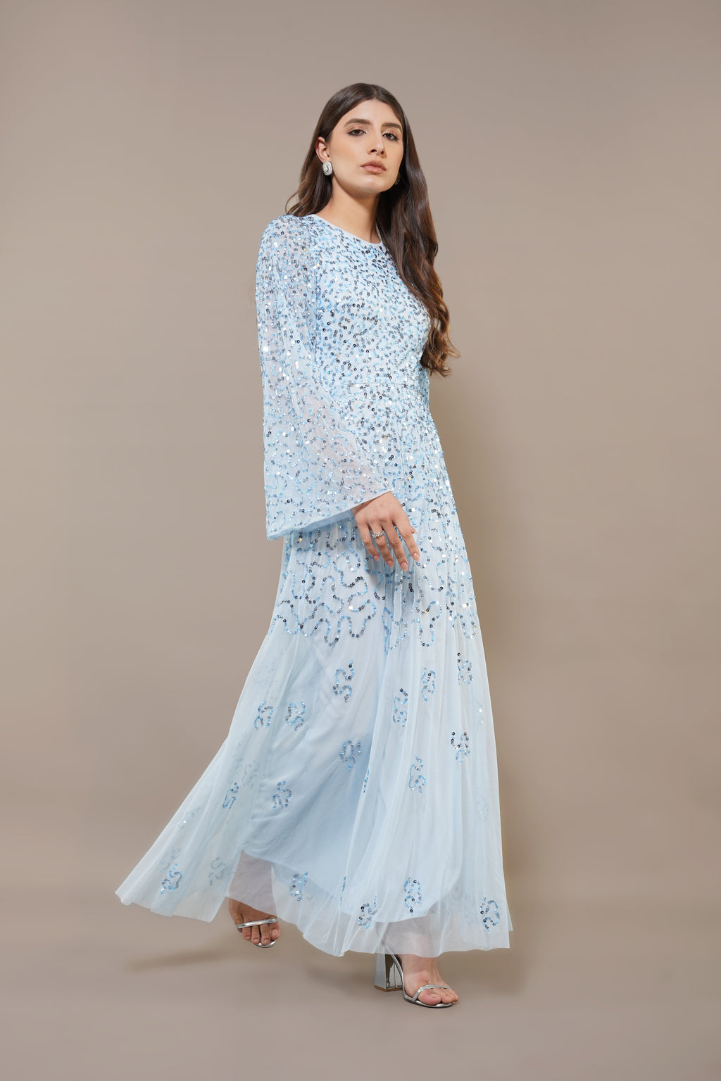 Sloane Long Sleeve Embellished Maxi Dress in Sky Blue