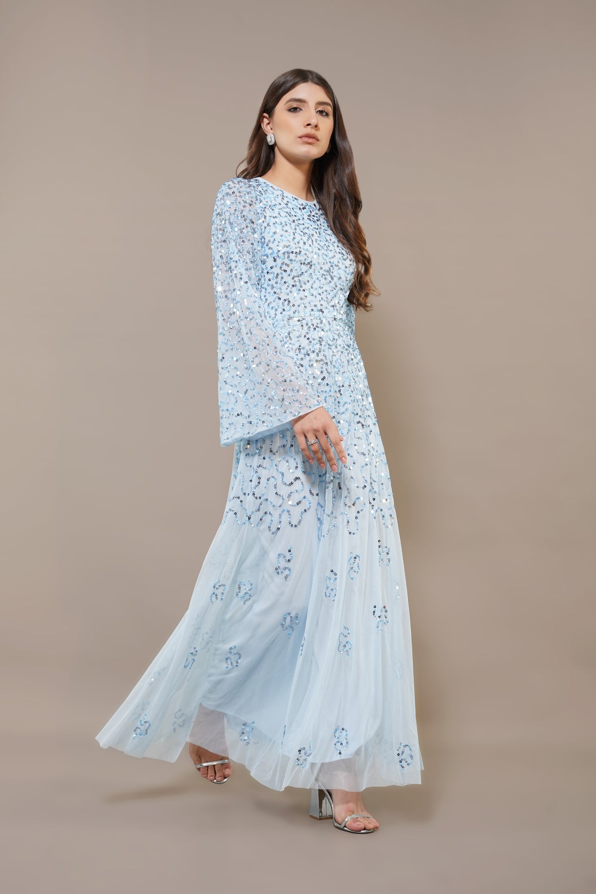 Sloane Long Sleeve Embellished Maxi Dress in Sky Blue