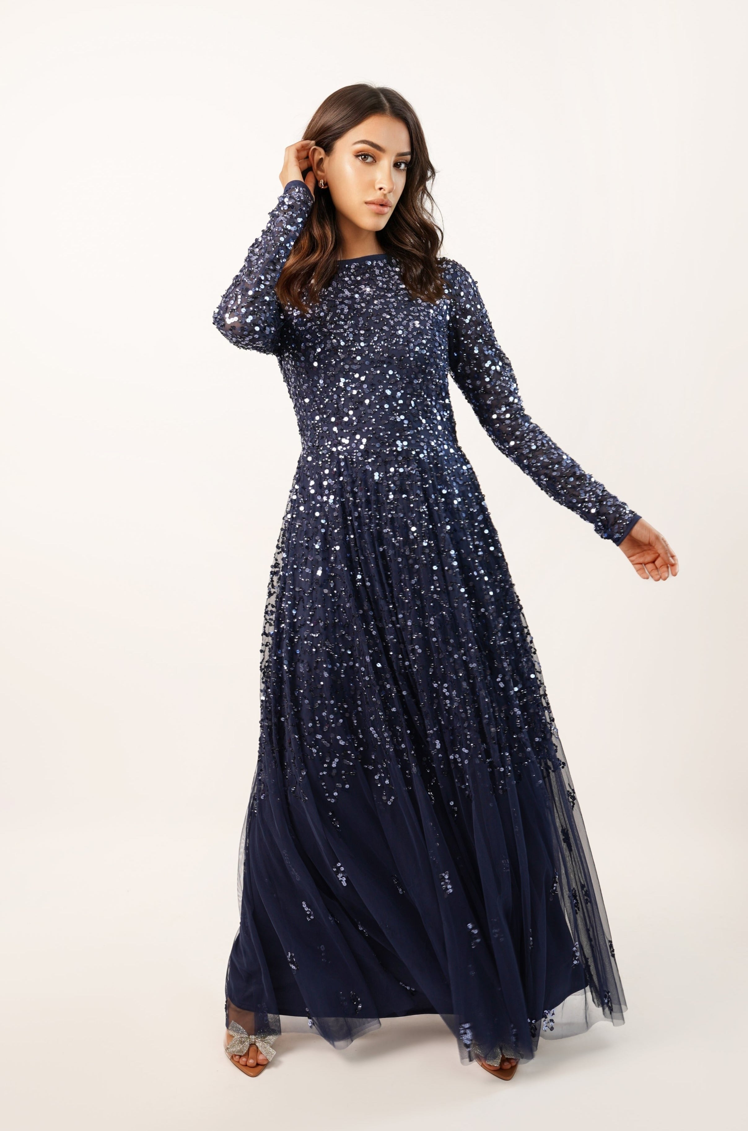 Navy Blue Long Maxi Dresses Navy High Neck Sequin Long Sleeve Maxi