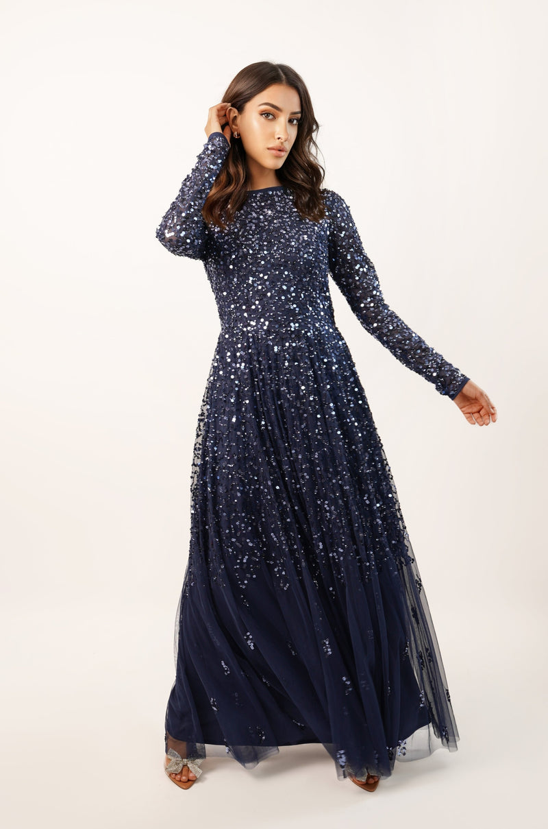 Buy Peacock Blue Sequins Net Designer Gown - Koskii