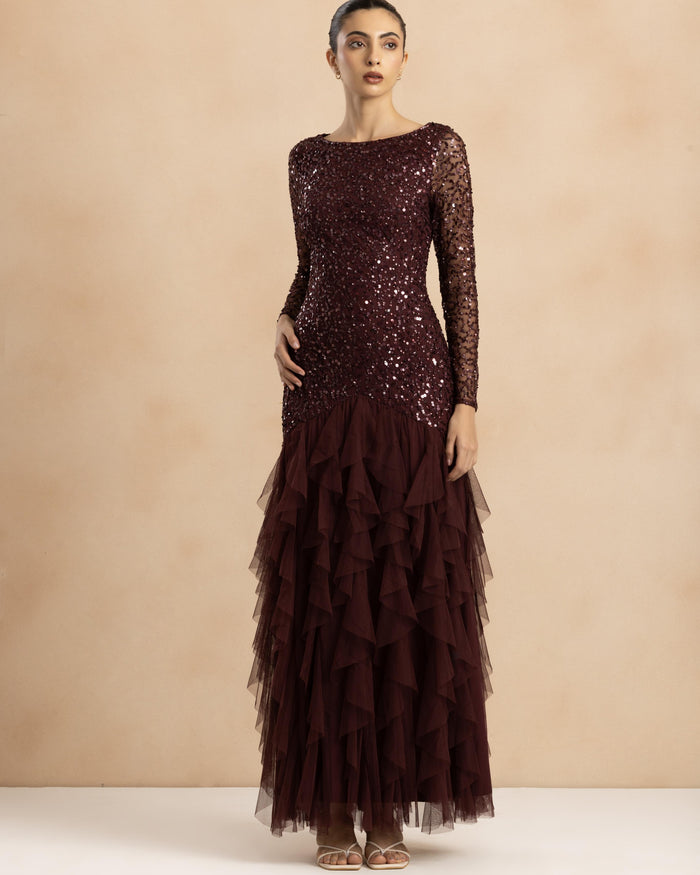 Sila Ruffle Embellished Maxi Dress in Berry