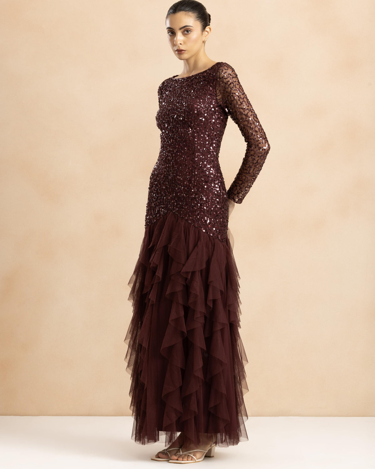 Sila Ruffle Embellished Maxi Dress in Berry