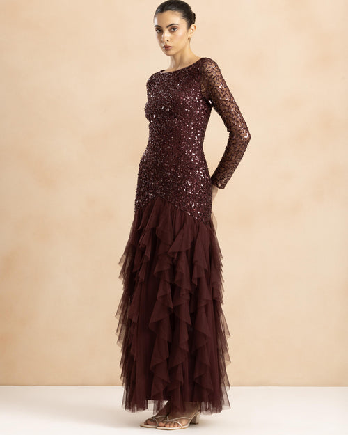 Sila Ruffle Embellished Maxi Dress in Berry