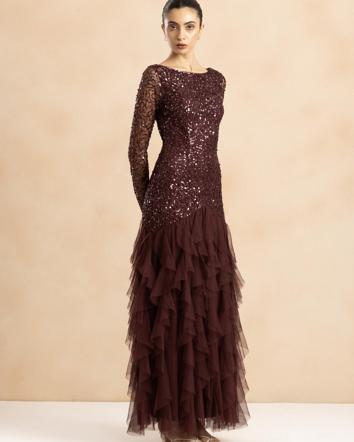 Sila Ruffle Embellished Maxi Dress in Berry