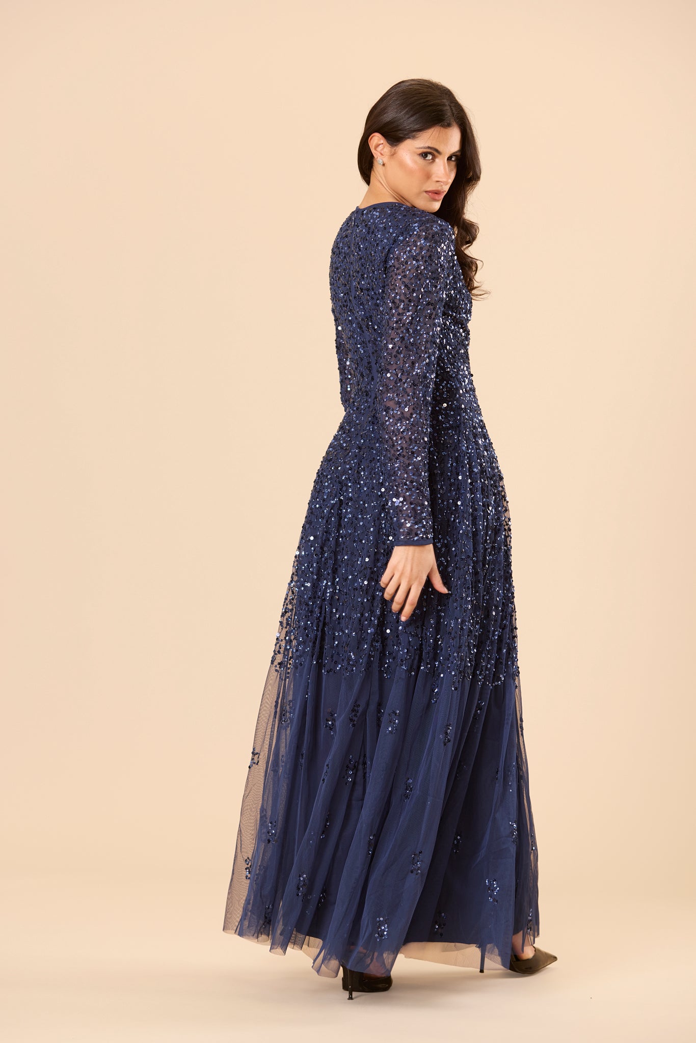Sila Long Sleeve Embellished Maxi Dress in Dark Blue