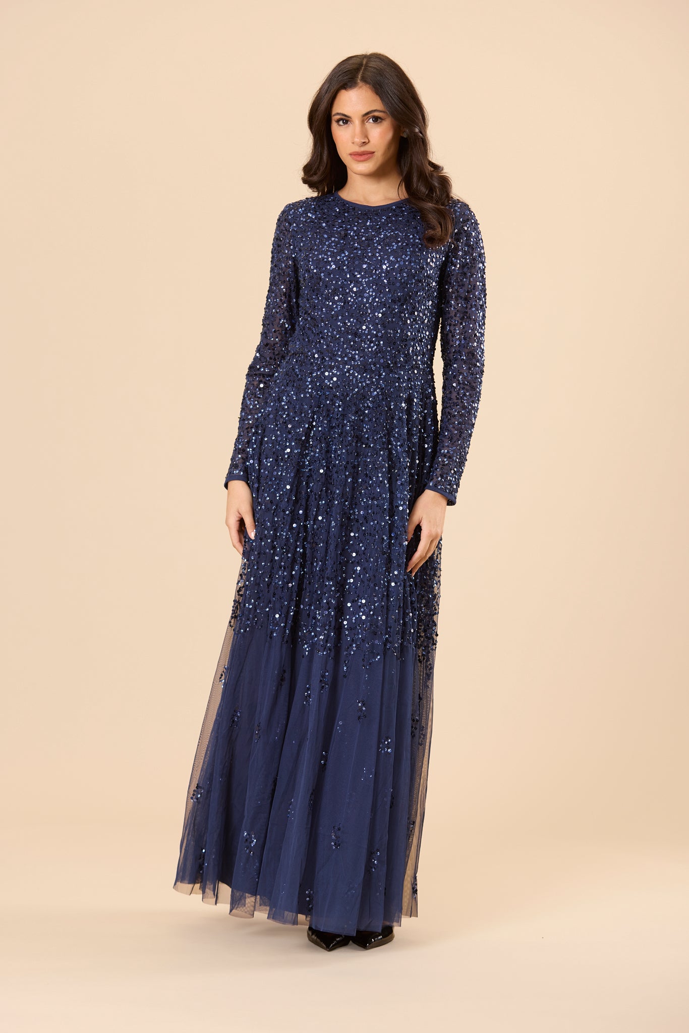 Sila Long Sleeve Embellished Maxi Dress in Dark Blue