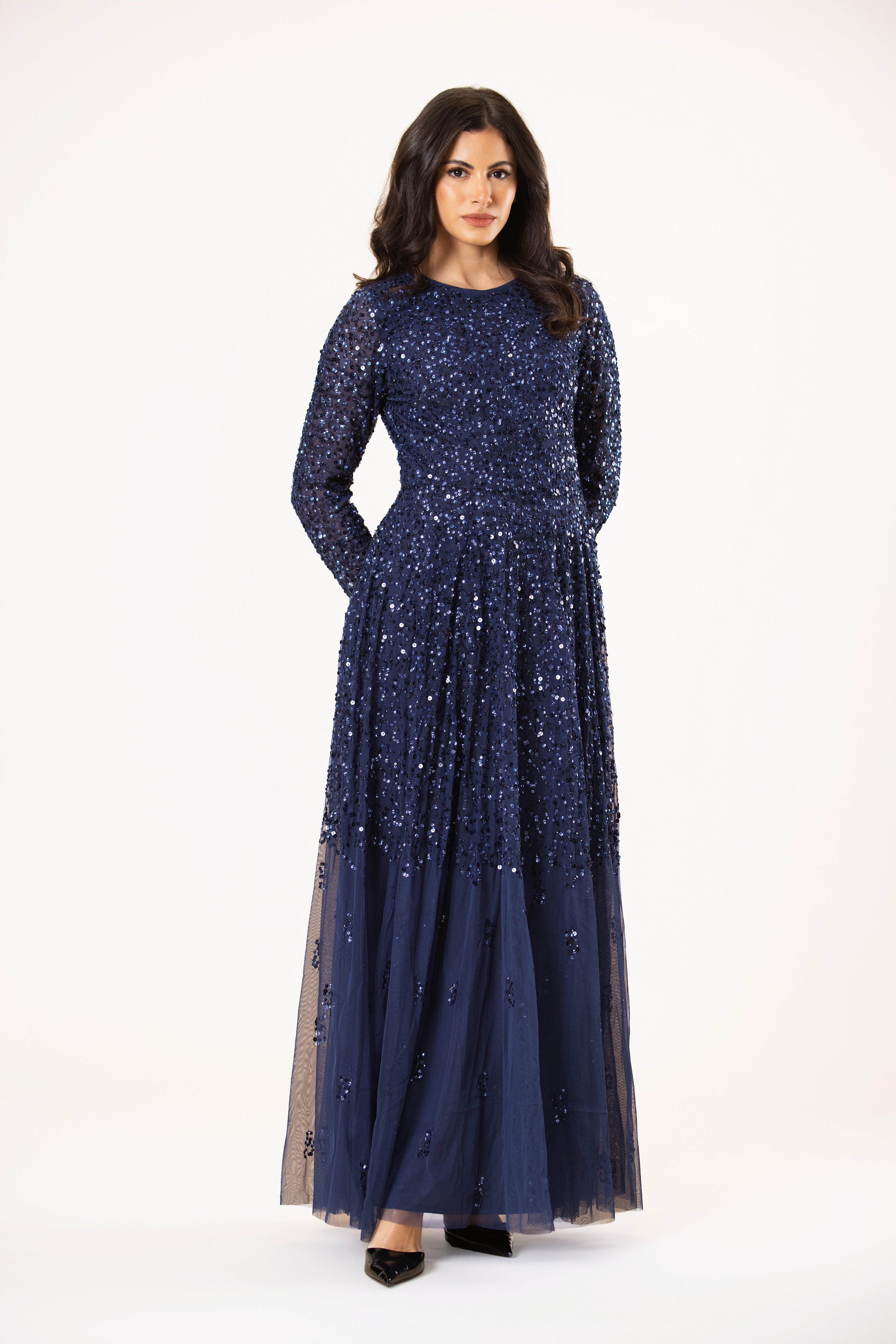 Navy Dark Blue Modest Embellished Sequin Gown Maxi Dress Formal