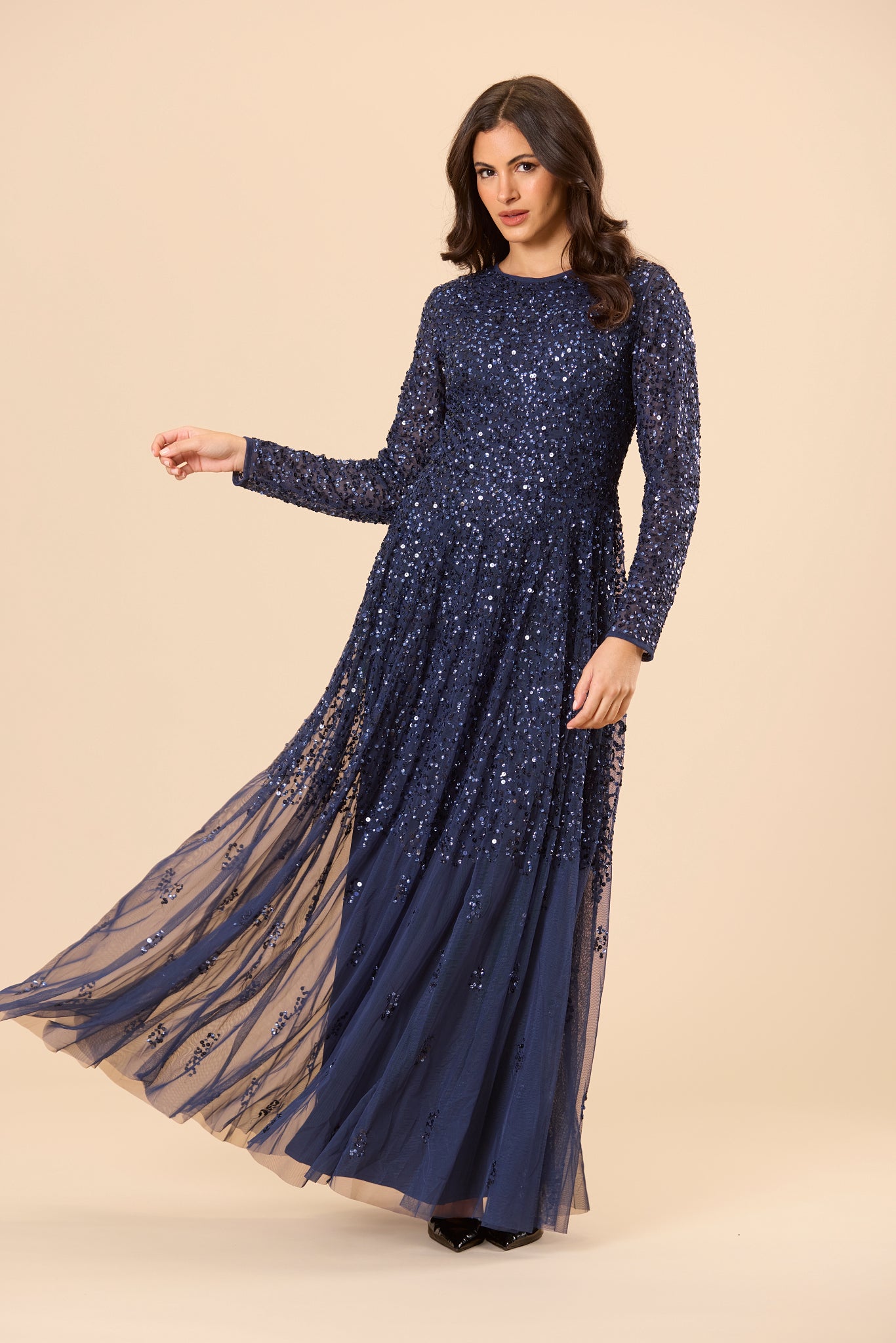 Sila Long Sleeve Embellished Maxi Dress in Dark Blue