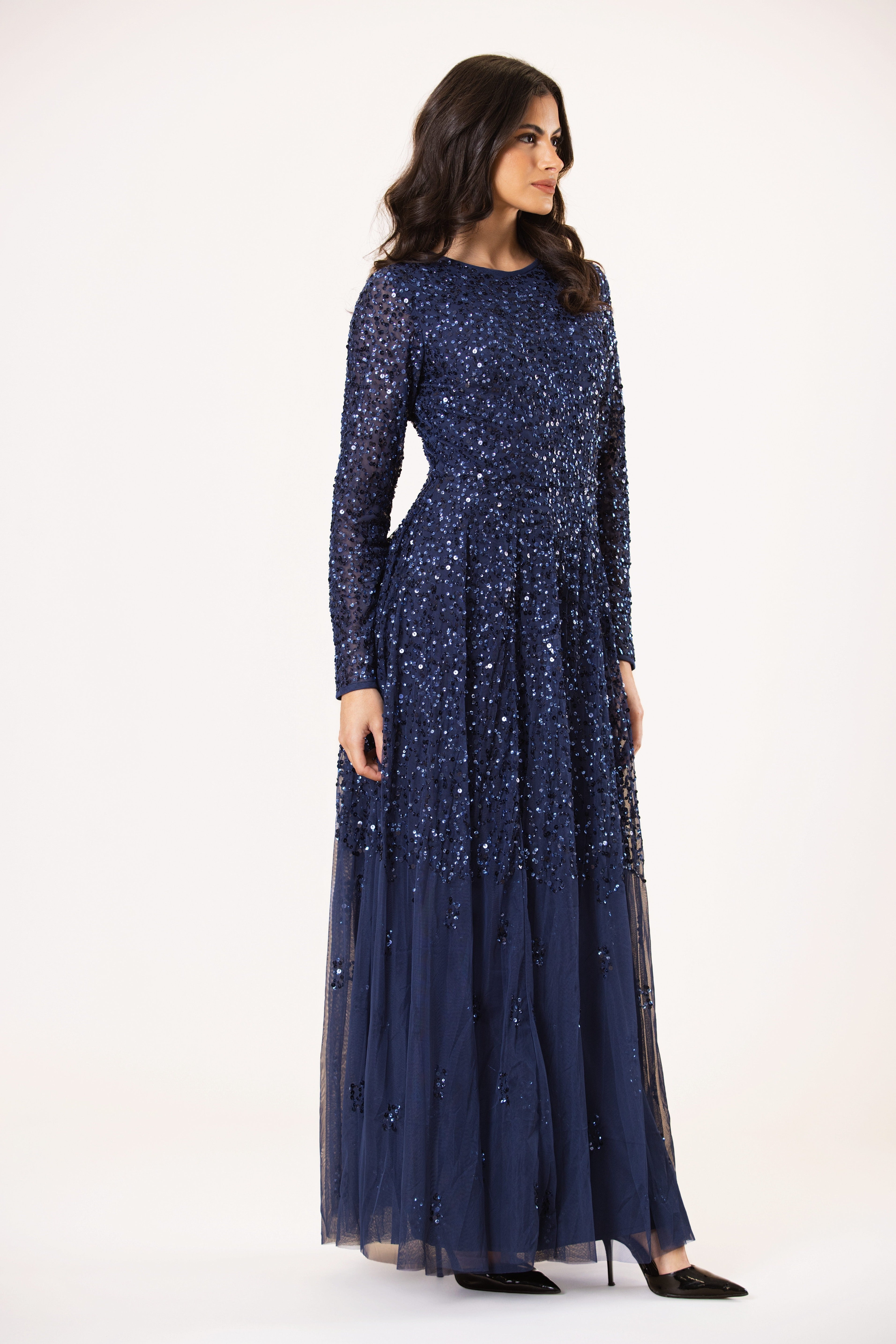 Sila Long Sleeve Embellished Maxi Dress in Dark Blue