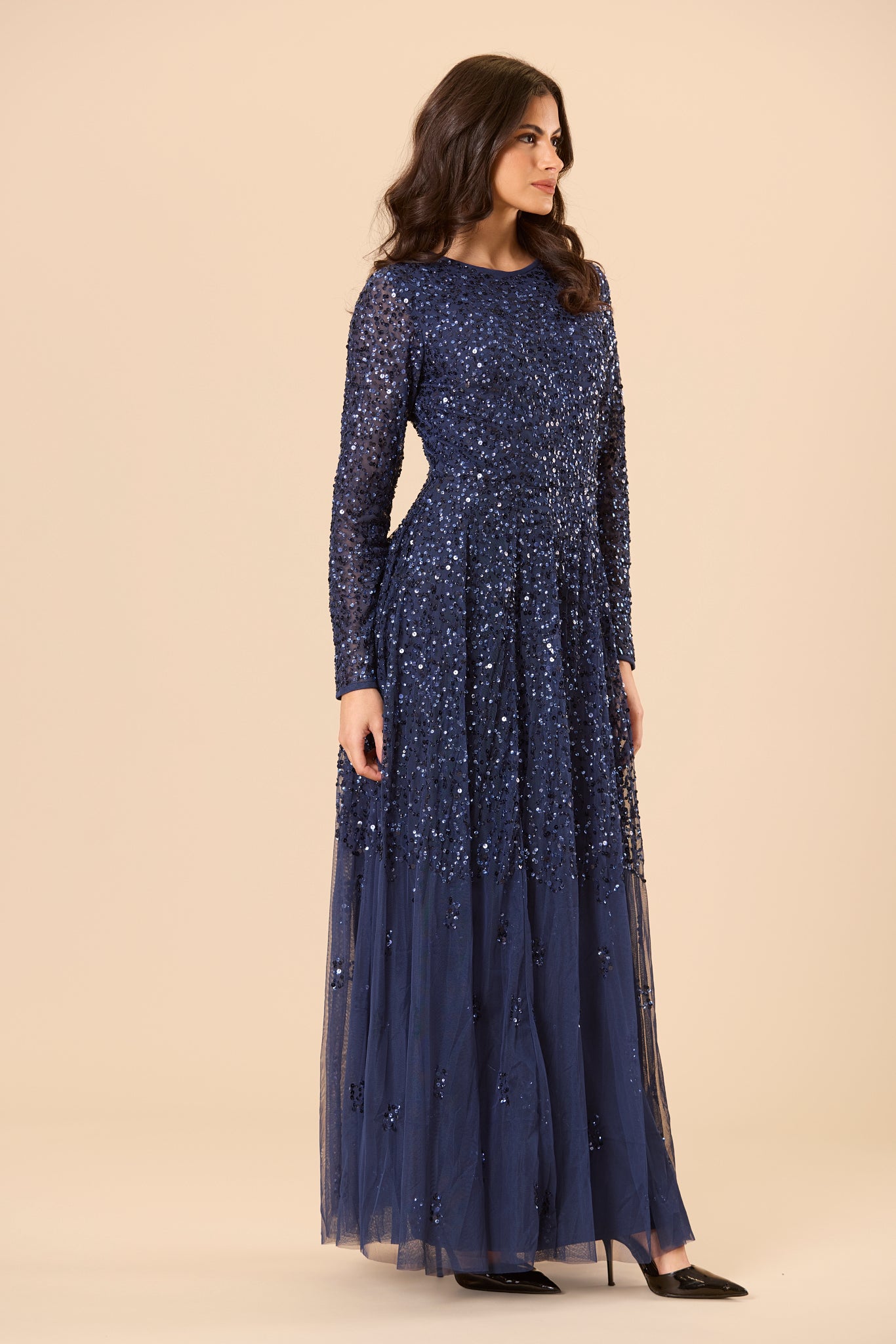 embellished maxi dress navy Sila Long Sleeve Embellished Maxi Dress in Dark Blue UK6 / XXS / Navy